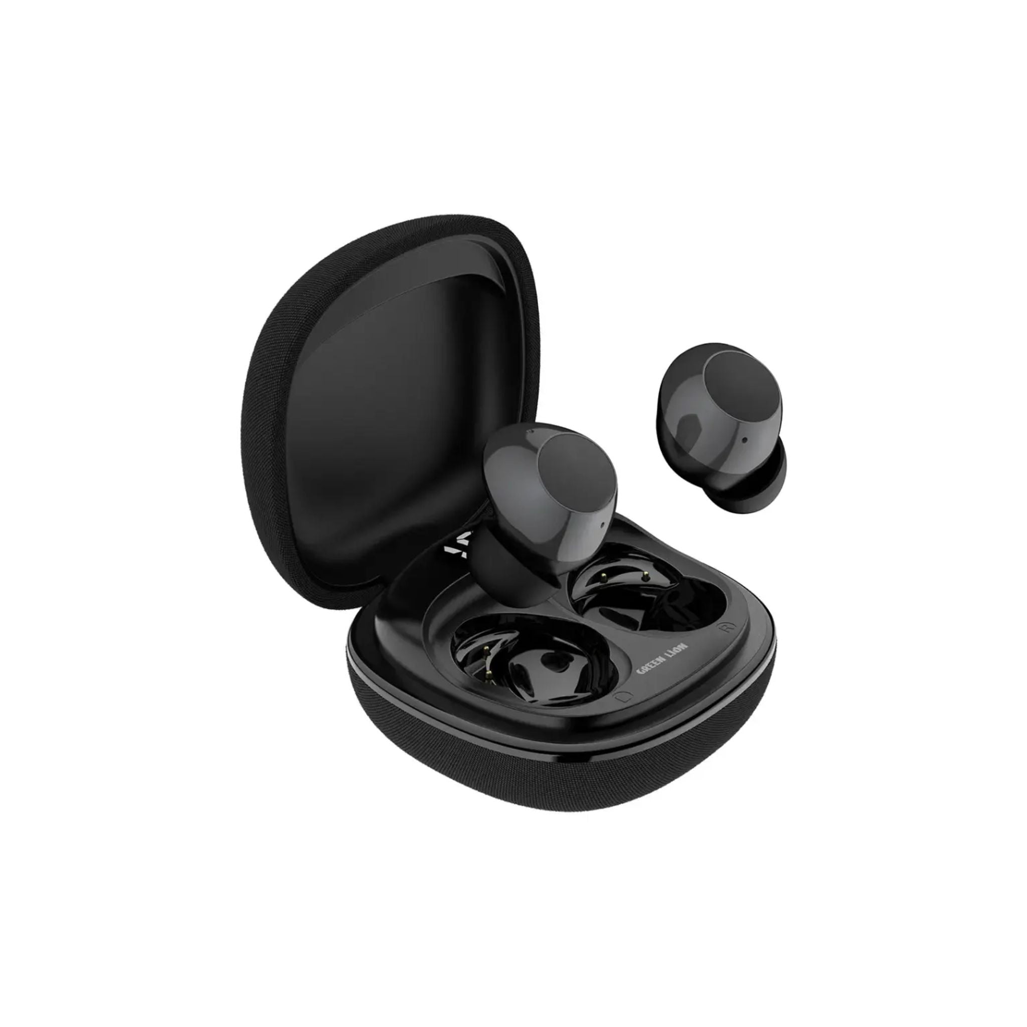 Black wireless earbuds with charging case on a white background