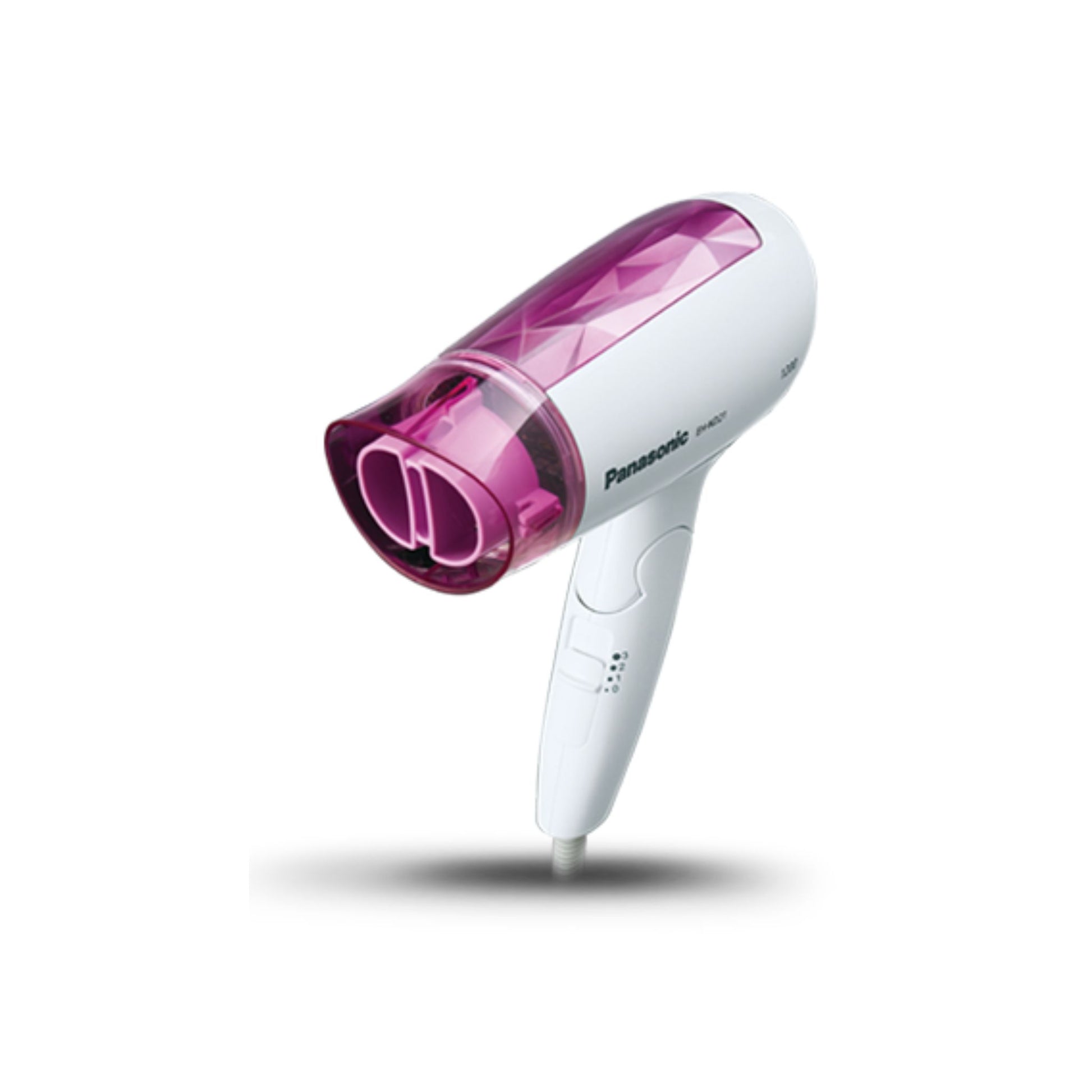 White and pink Panasonic hair dryer on a white background