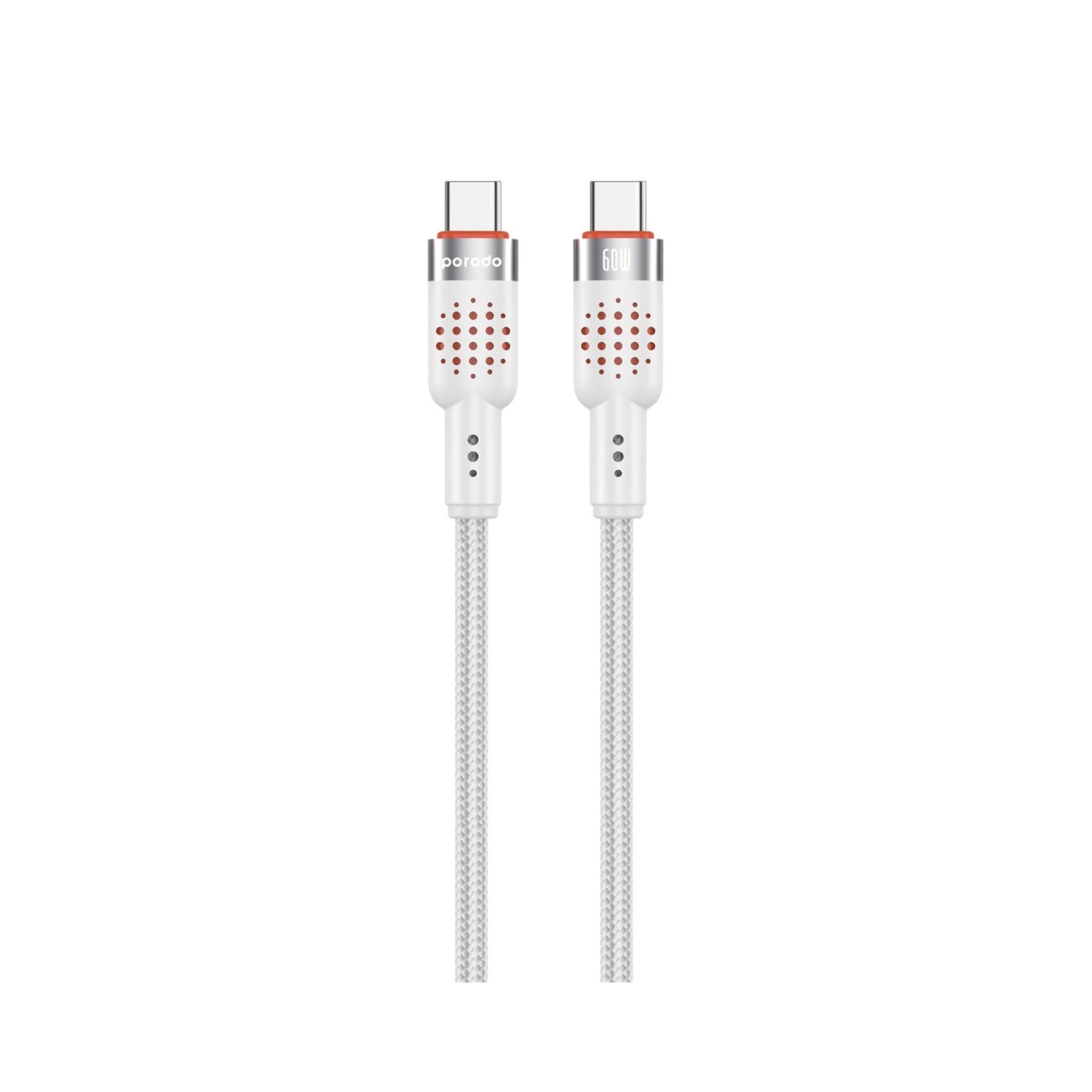A white Porodo aluminum alloy braided USB-C to USB-C cable with a USB-C connector on one end and a standard USB connector on the other.