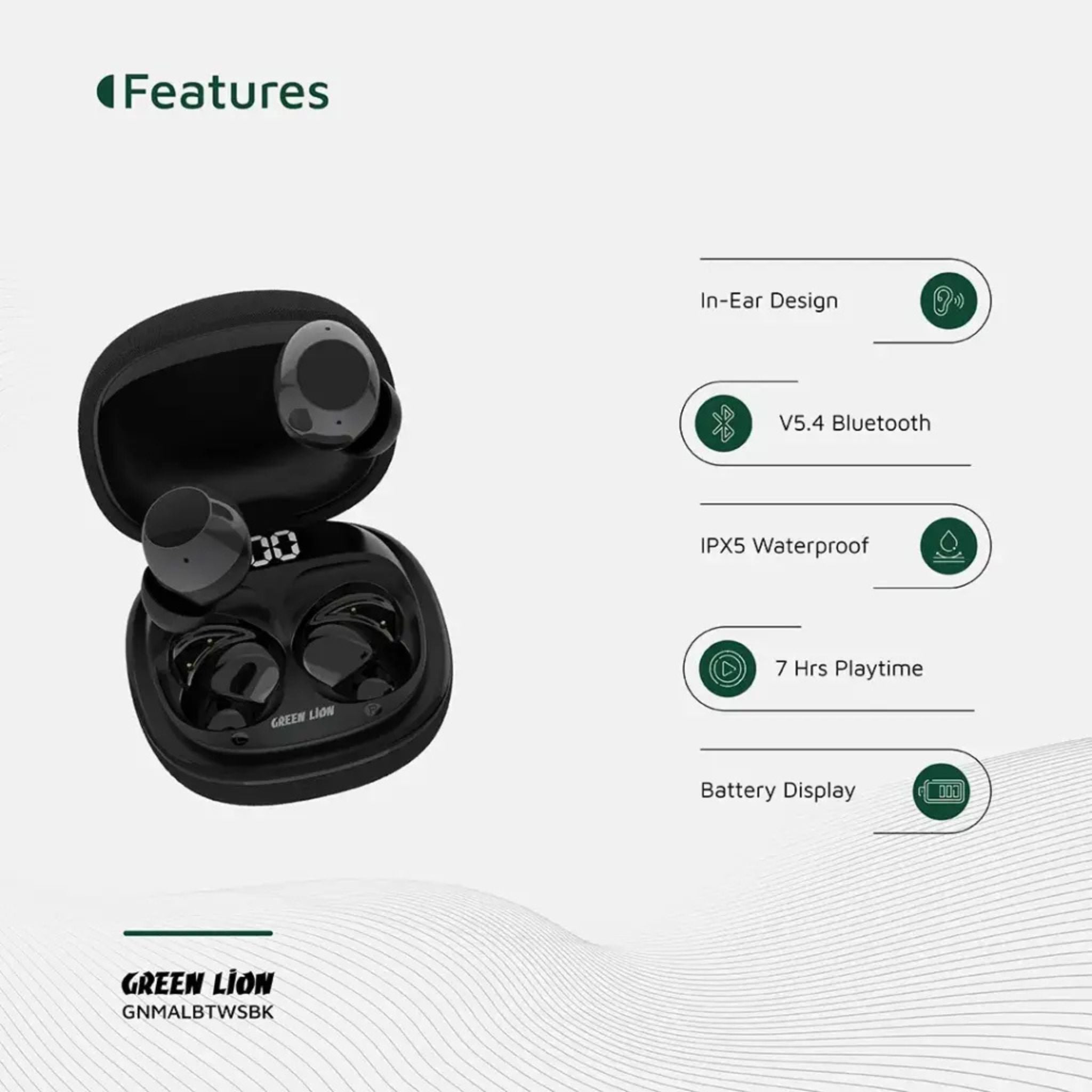 Green Lion Malbun True Wireless Earbuds, Bluetooth 5.4 Headphones with Dual-Mic ENC for Clear Calls, 20H Total Playtime, IPX5 Waterproof & Digital Display Case_Black