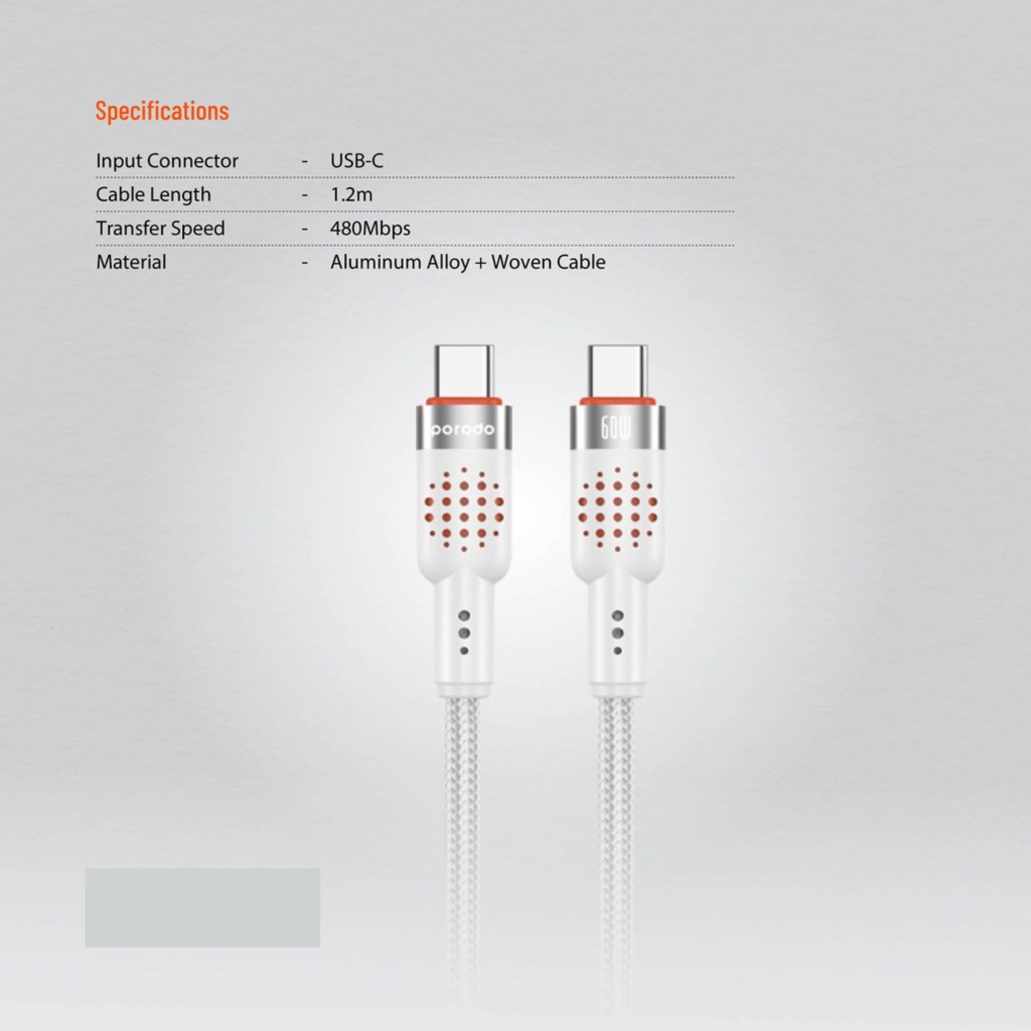 Porodo Aluminum Alloy Braided Cable Type-C to C 1.2m, PD 60W, 480Mbps Transfer Speed, more than 15000 Bends Life Span, Tangle Free - White