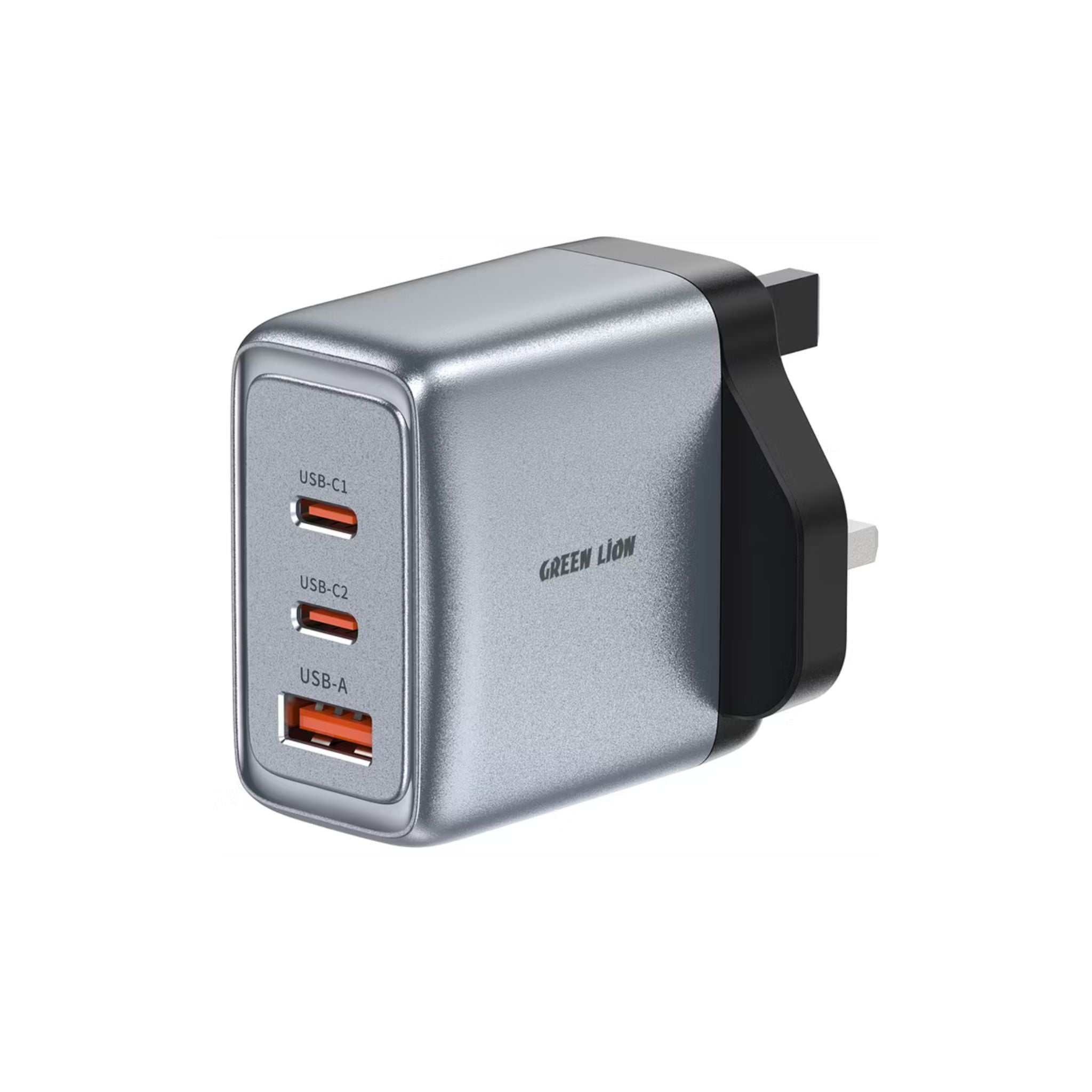 Silver multi-port charger with USB-C and USB-A ports on a white background