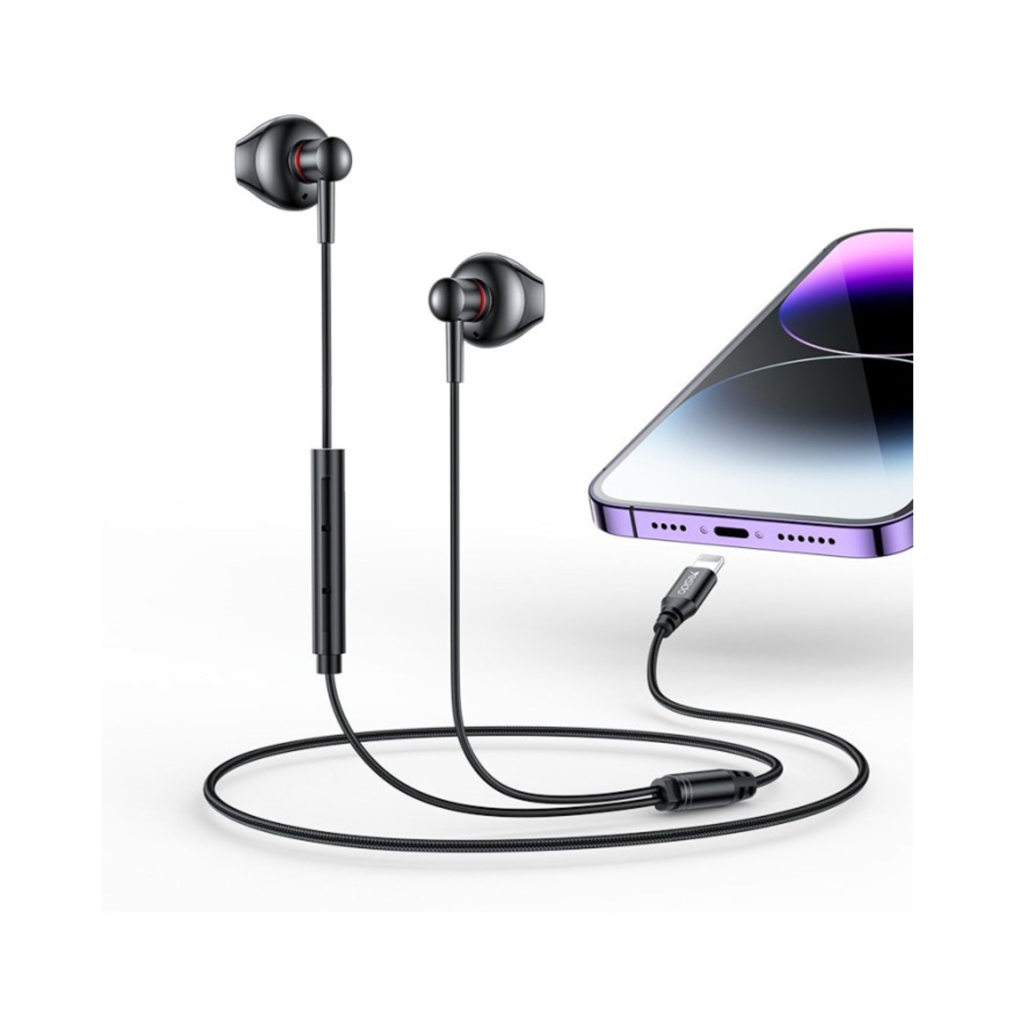 Bluetooth earbuds with a smartphone on a white background