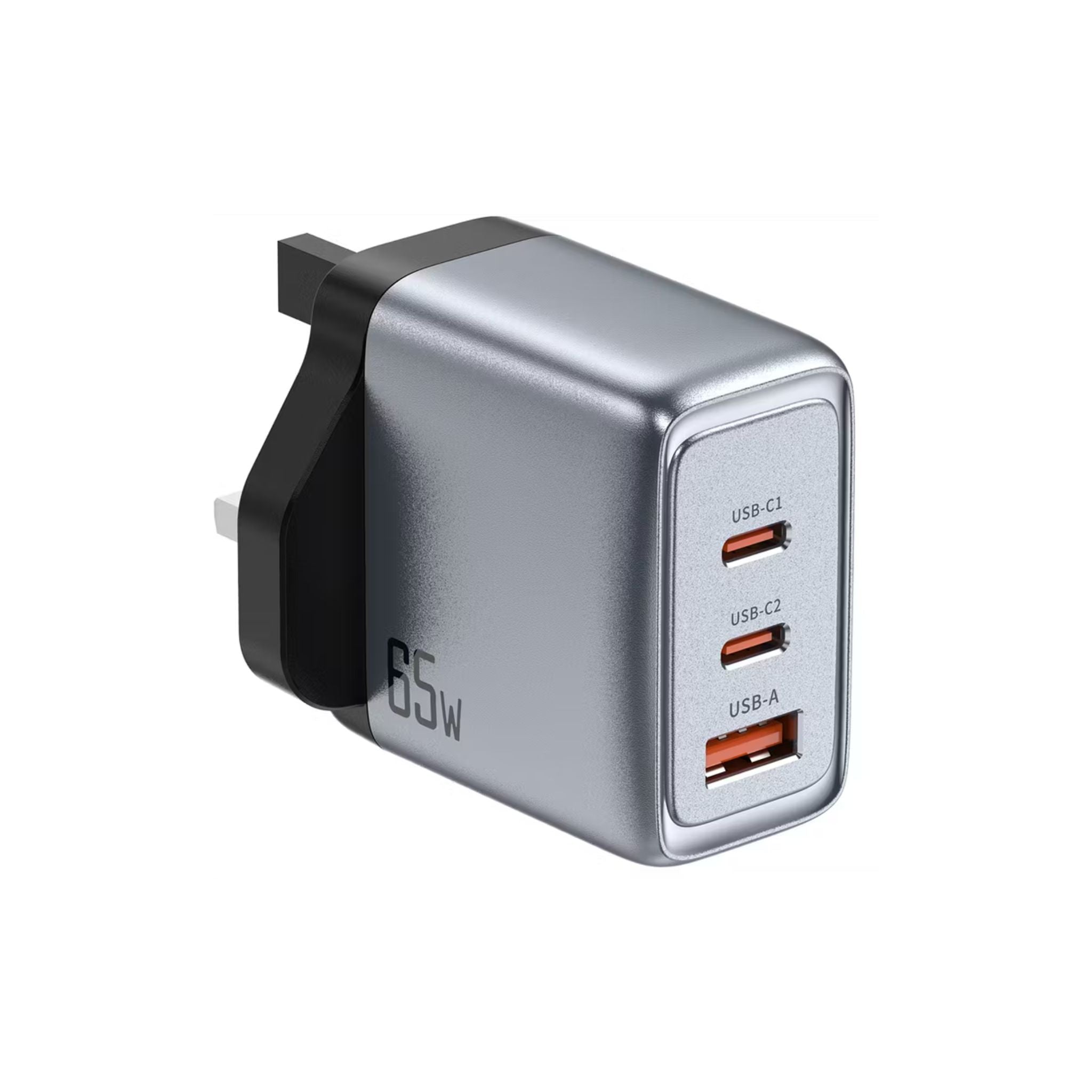 Green Lion GaN UK Plug Wall Charger with 65W Power Delivery, 0%-50% Charge in 30 Minutes, PC Flame Retardant Material, Multiple Protection, Dual USB-C & USB-A Ports - Gray