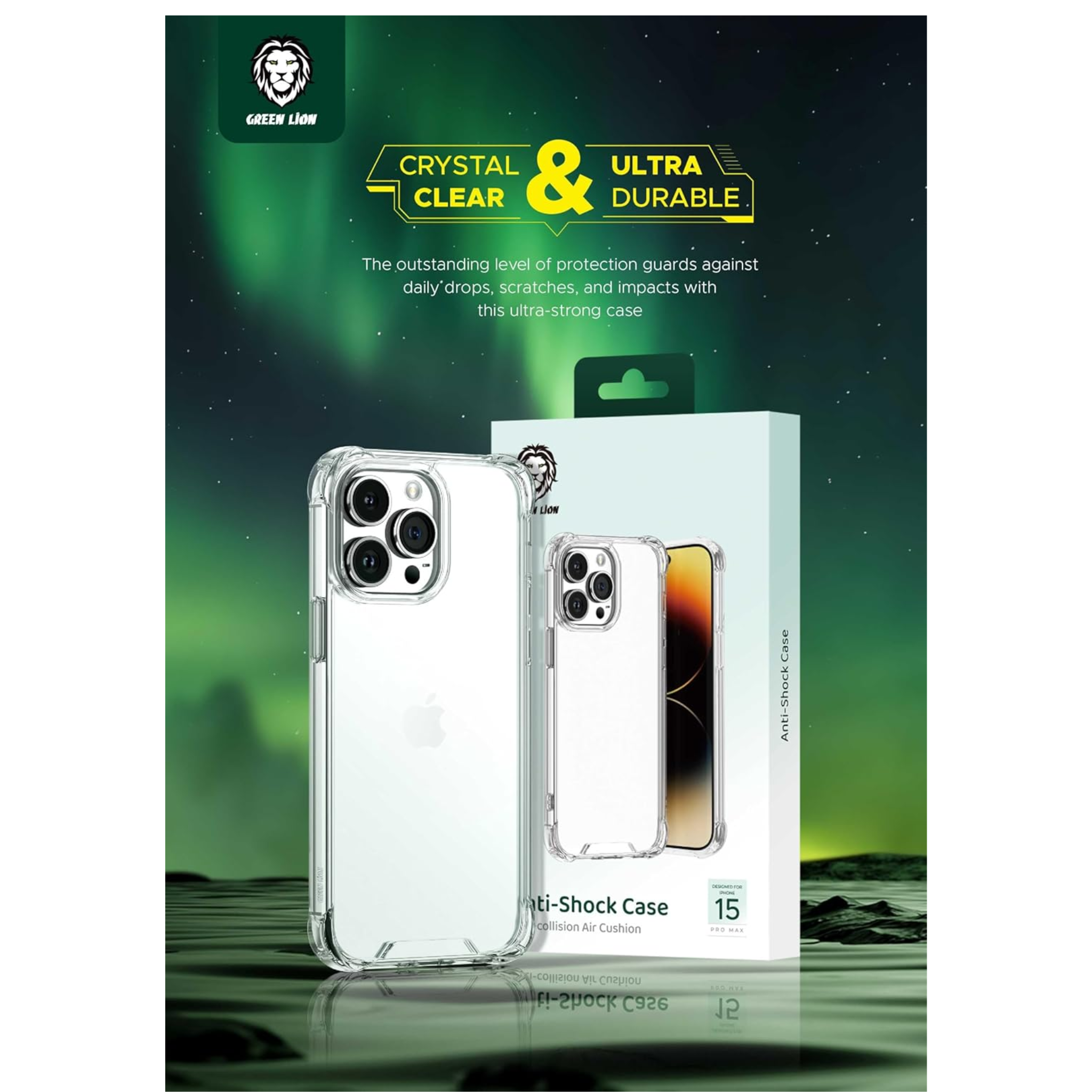 Green Lion for iPhone 15 Pro Max Case - Anti-Shock Case - Anti-Scratch - Drop Resistant Protective Cover - Shockproof - Full Slim Bumper Protection Back Cover for iPhone 15 Pro Max 6.7" - Clear