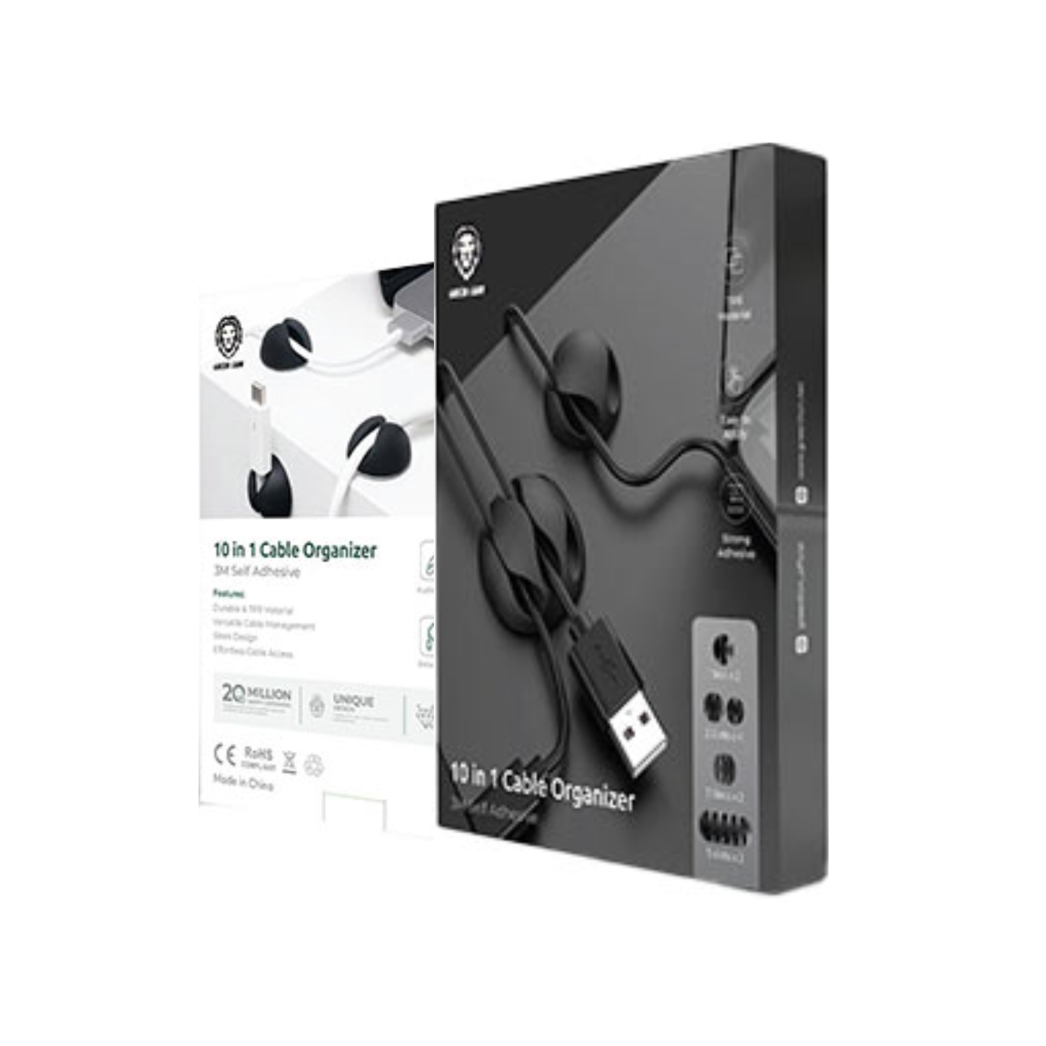 Green Lion 10-in-1 Cable Organizer with 26 Slots, 3M Self-Adhesive Backing, Durable TPR Material, Supports Audio, Ethernet, Data & Mouse Cables, Effortless Cable Access, Easy to Apply - Black