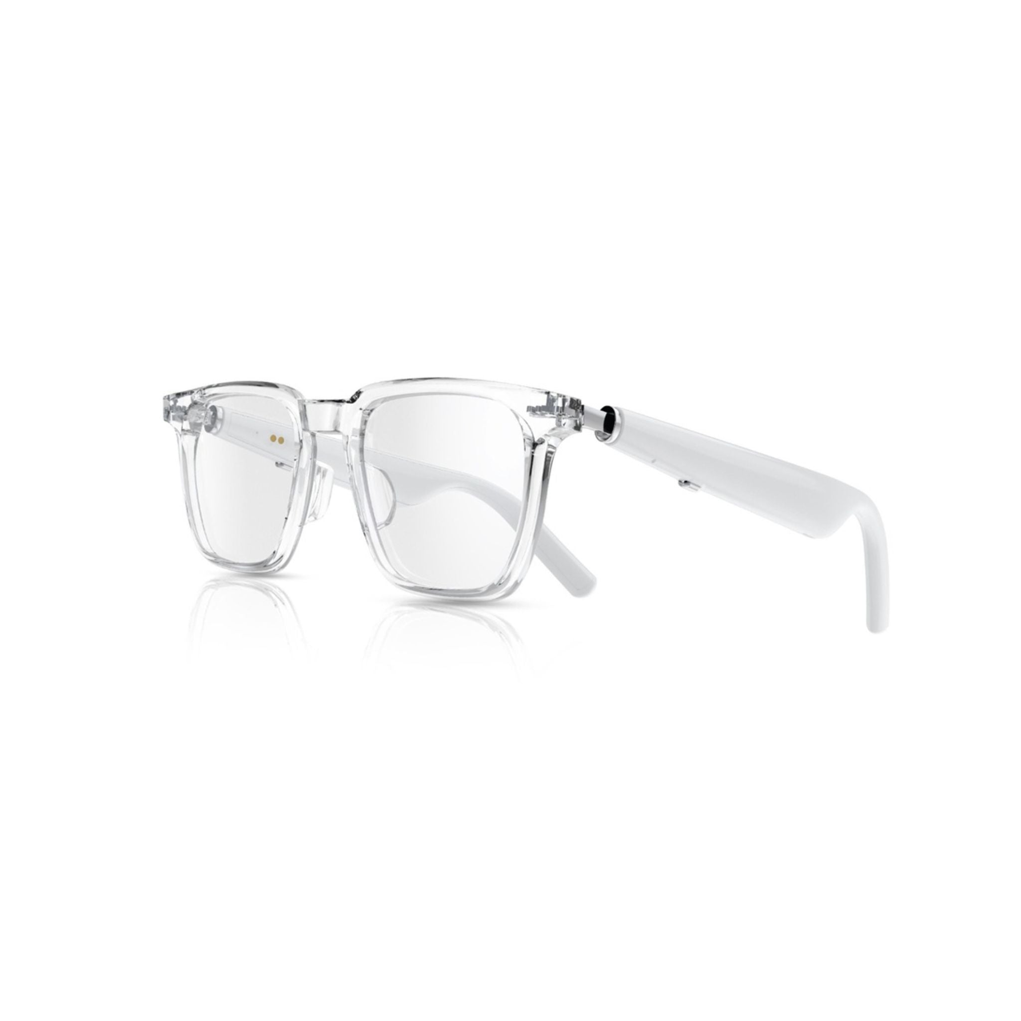 A pair of white Green Lion Munich smart glasses with a magnetic charger.