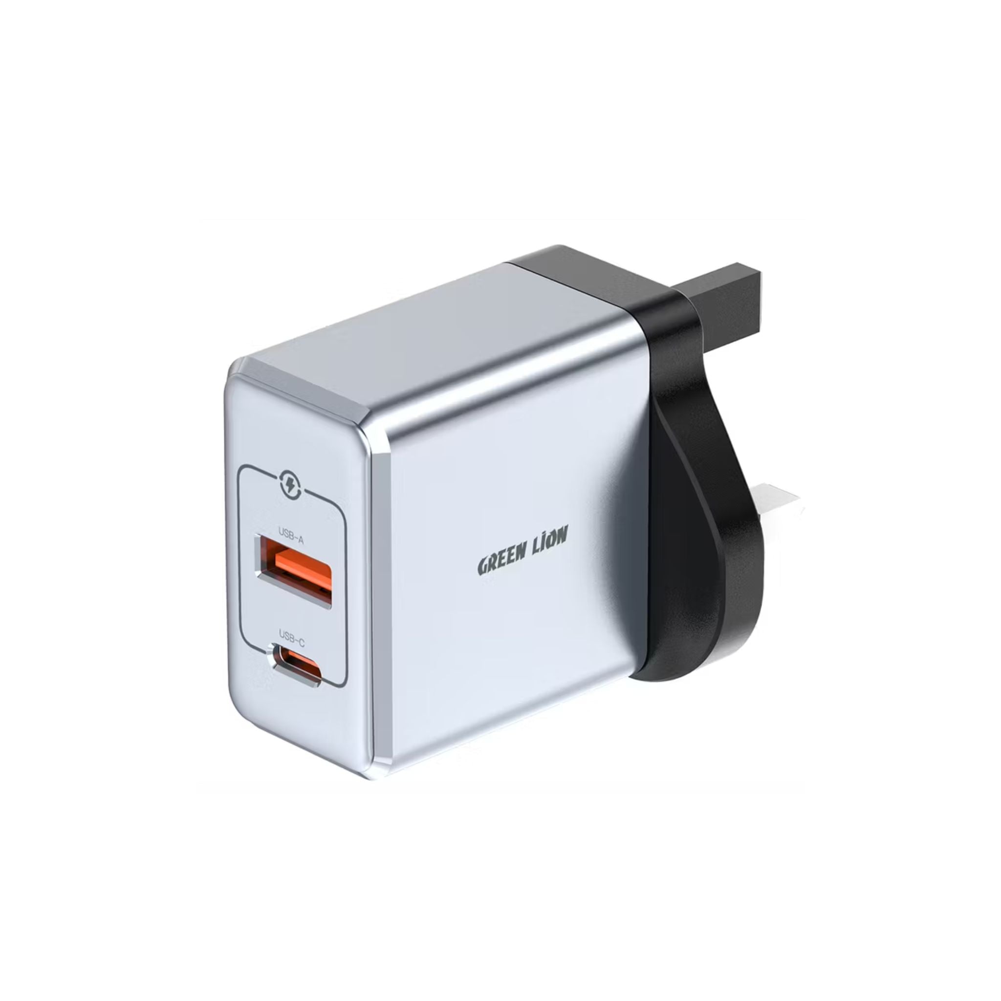 White USB wall adapter with two ports on a white background