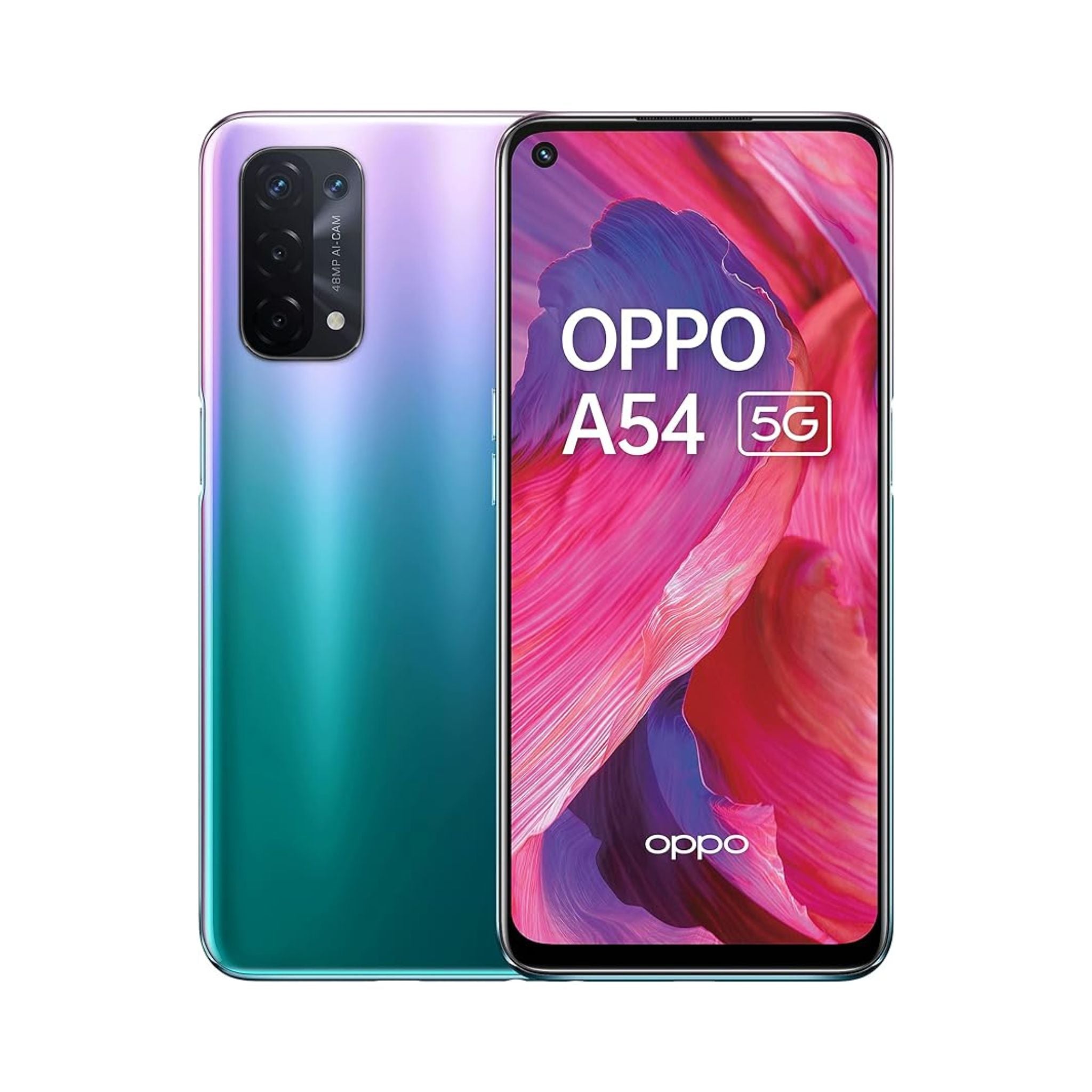OPPO A54 5G smartphone in purple color with dual SIM slots, visible front camera, and Oppo branding on the back.