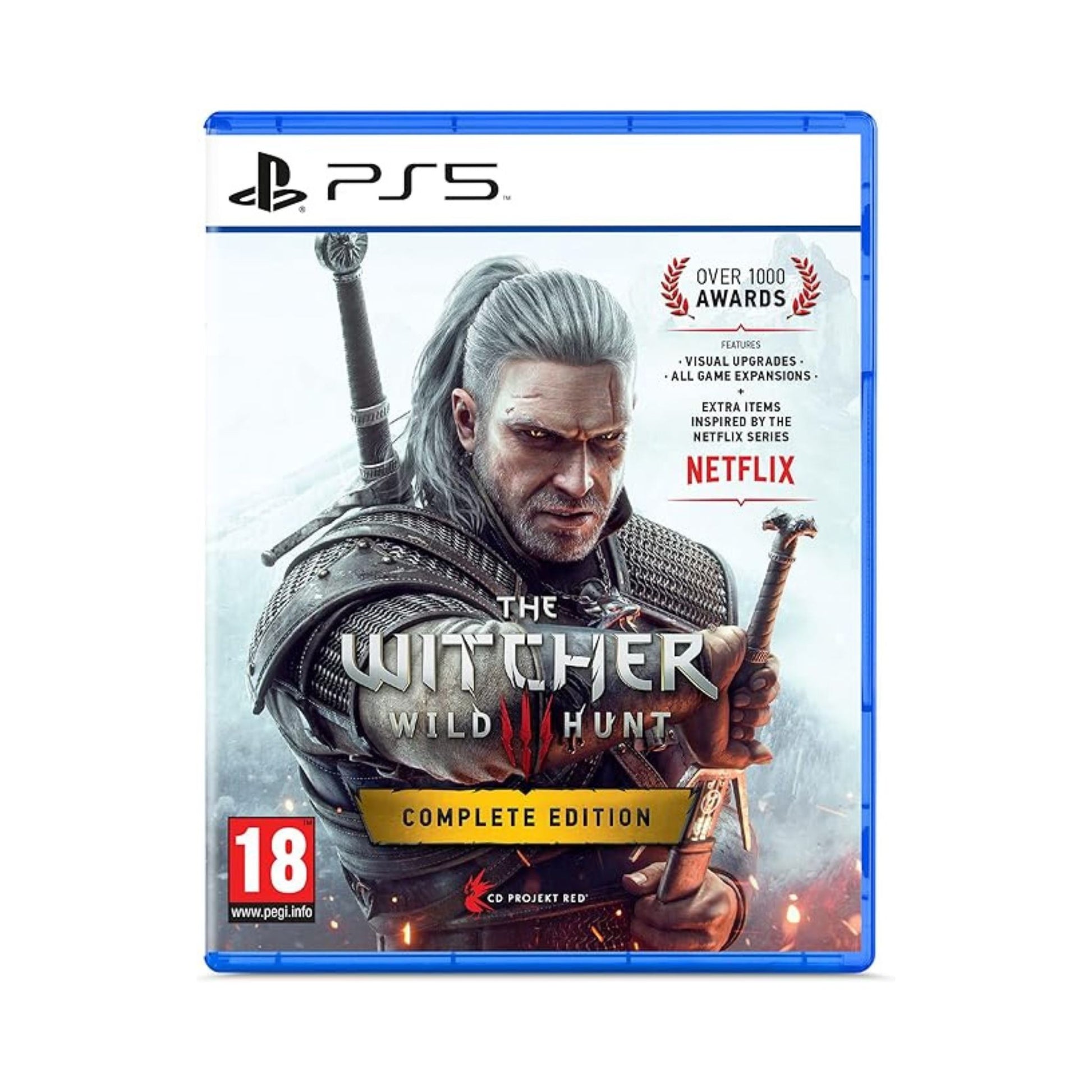 Game case for 'The Witcher 3: Wild Hunt' Complete Edition on PS5 with character artwork and Netflix branding.