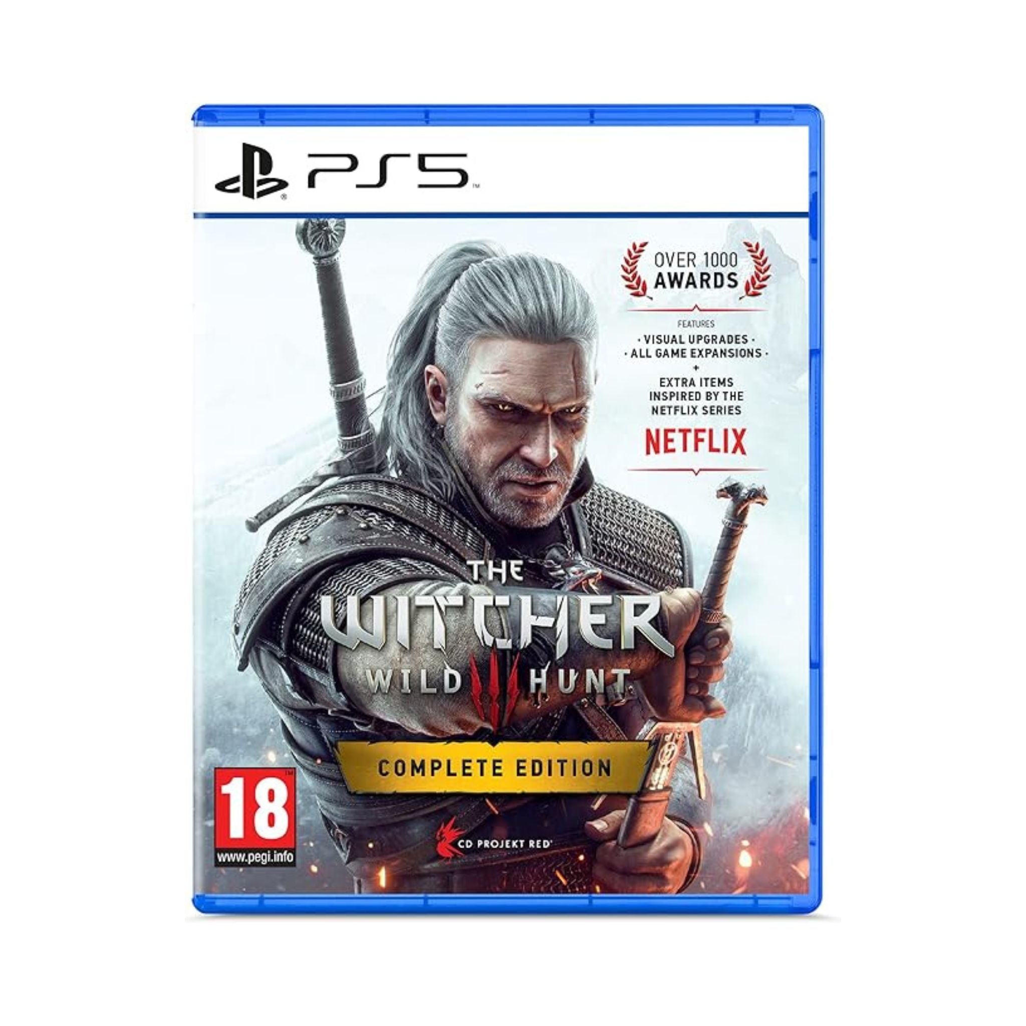 Game case for 'The Witcher 3: Wild Hunt' Complete Edition on PS5 with character artwork and Netflix branding.