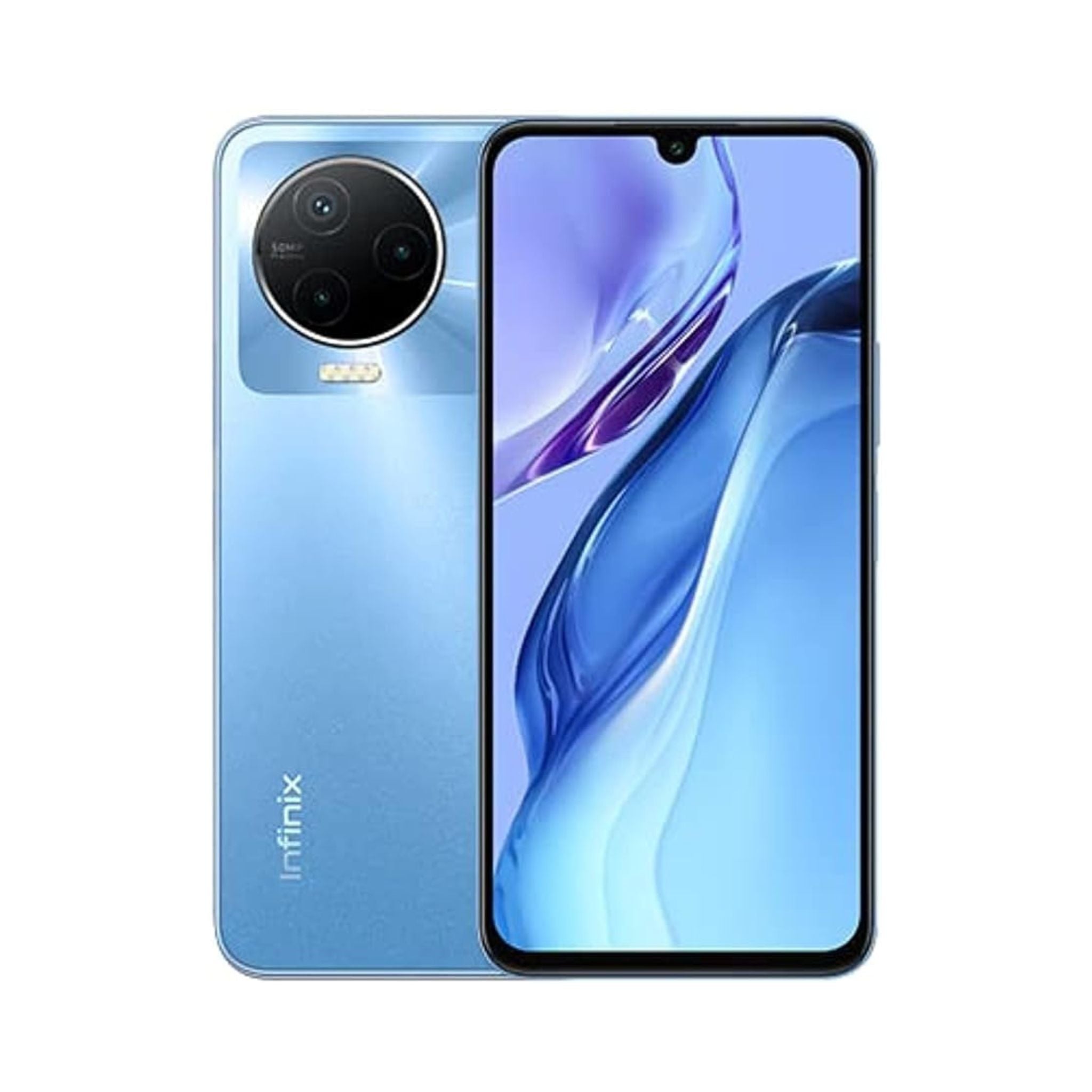 A blue Infinix smartphone with a sleek design, featuring a front screen displaying a clear image and a rear camera setup.