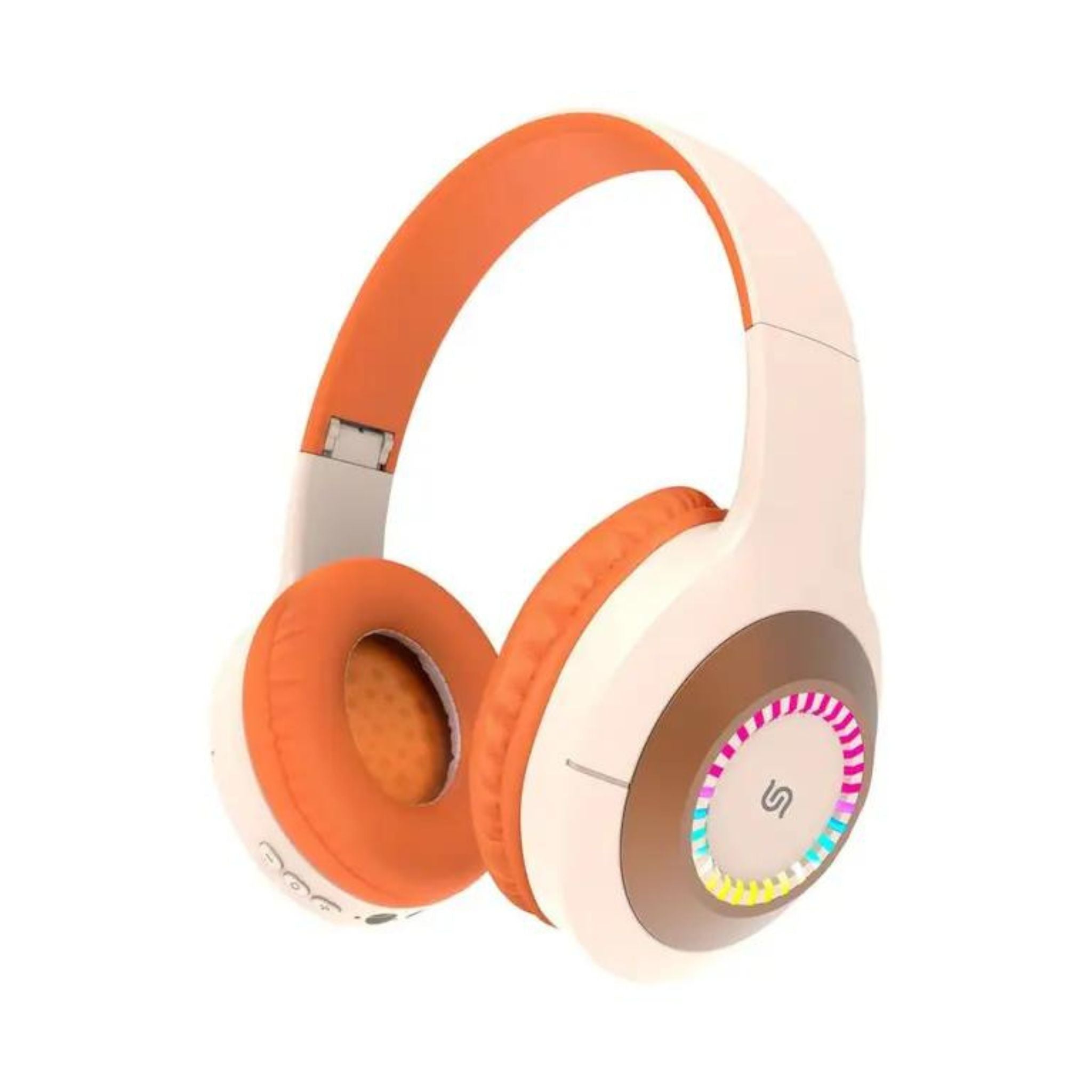 A pair of beige and orange Porodo Soundtec Kids Radiant Wireless Bluetooth Headphones with a 200mAh battery and an LED light on the earcup.