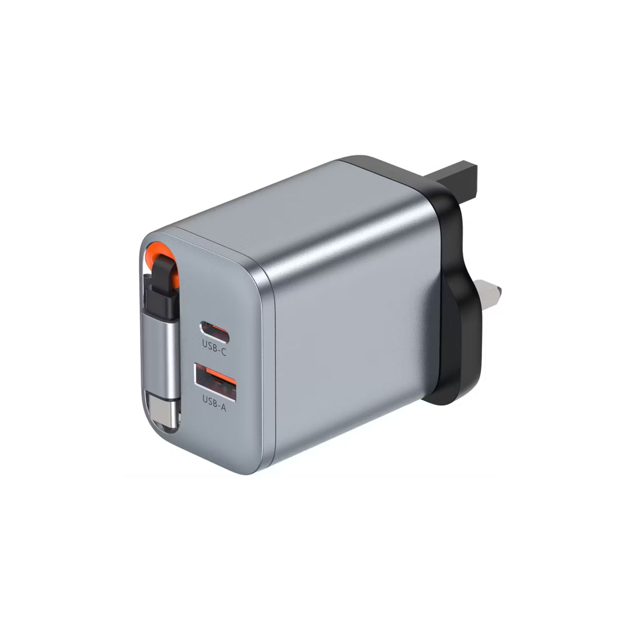 Silver USB-C and USB-A wall adapter on a white background