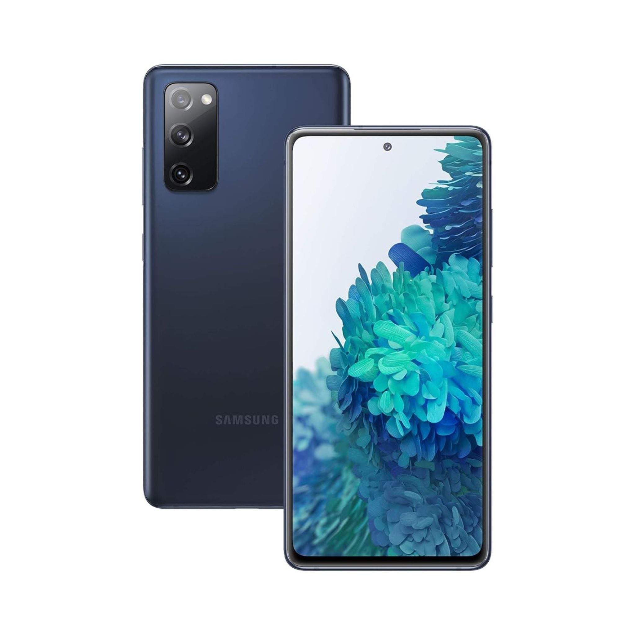 Samsung Galaxy S20 FE smartphone in navy color, showcasing the front screen display and rear camera setup.