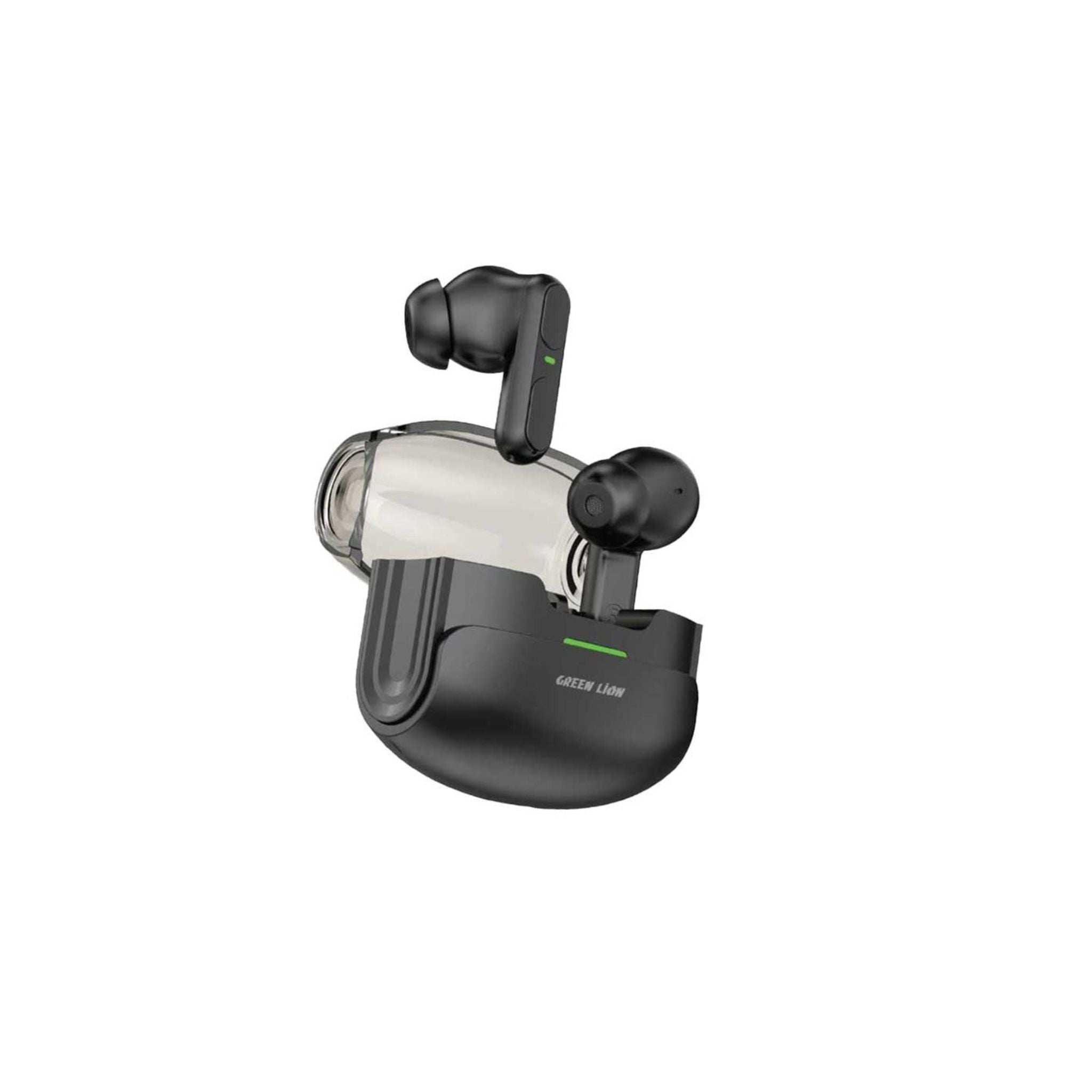 Black wireless earbuds with a charging case, featuring touch controls and the Green Lion brand logo.