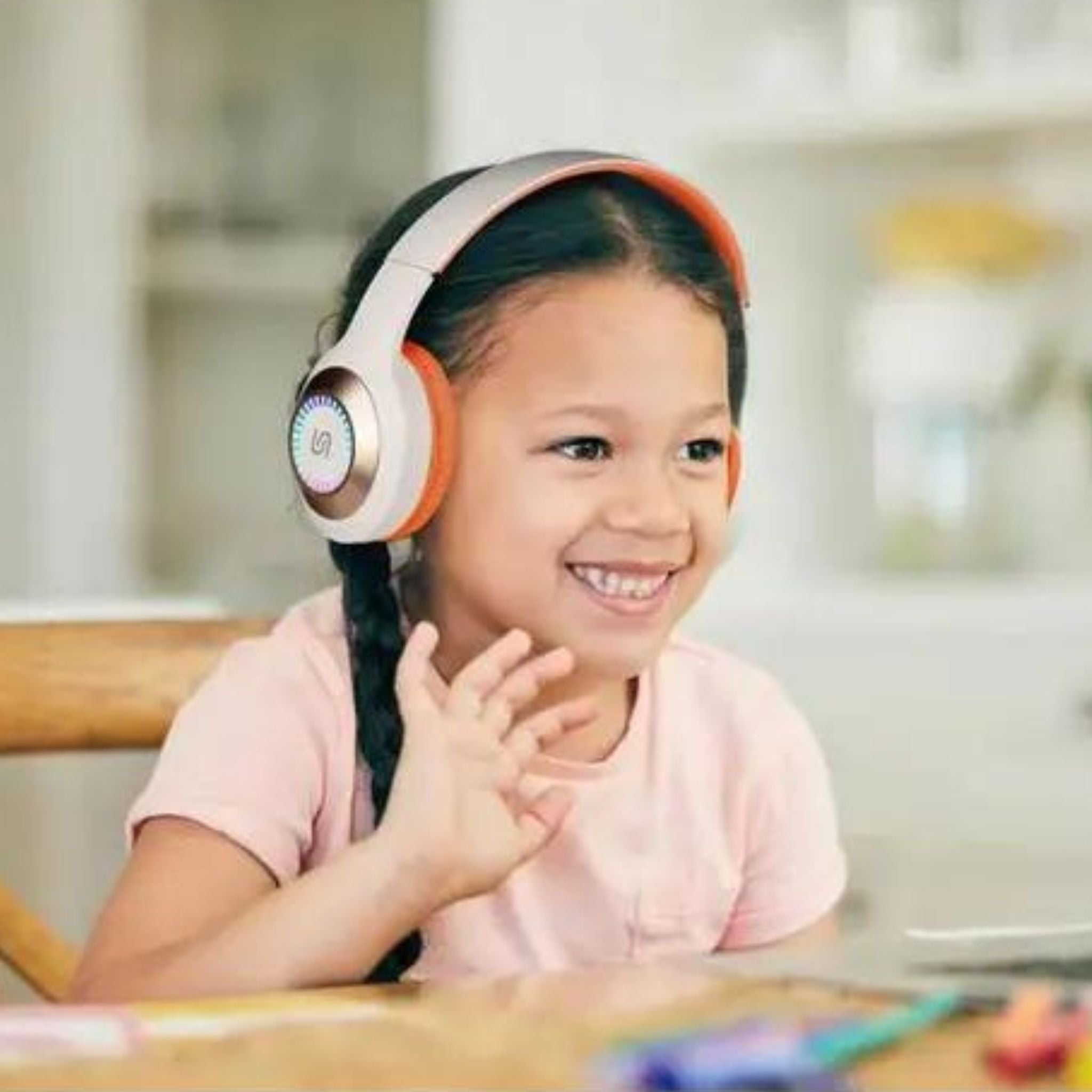 Porodo Soundtec Radiant Wireless Headphones with 6 Hours Playtime, Type-C Charging, Convenient Controls, 3.5mm Jack, LED Light, 120 Hours Standby Time, Android and iOS Compatibility - Beige/Orange