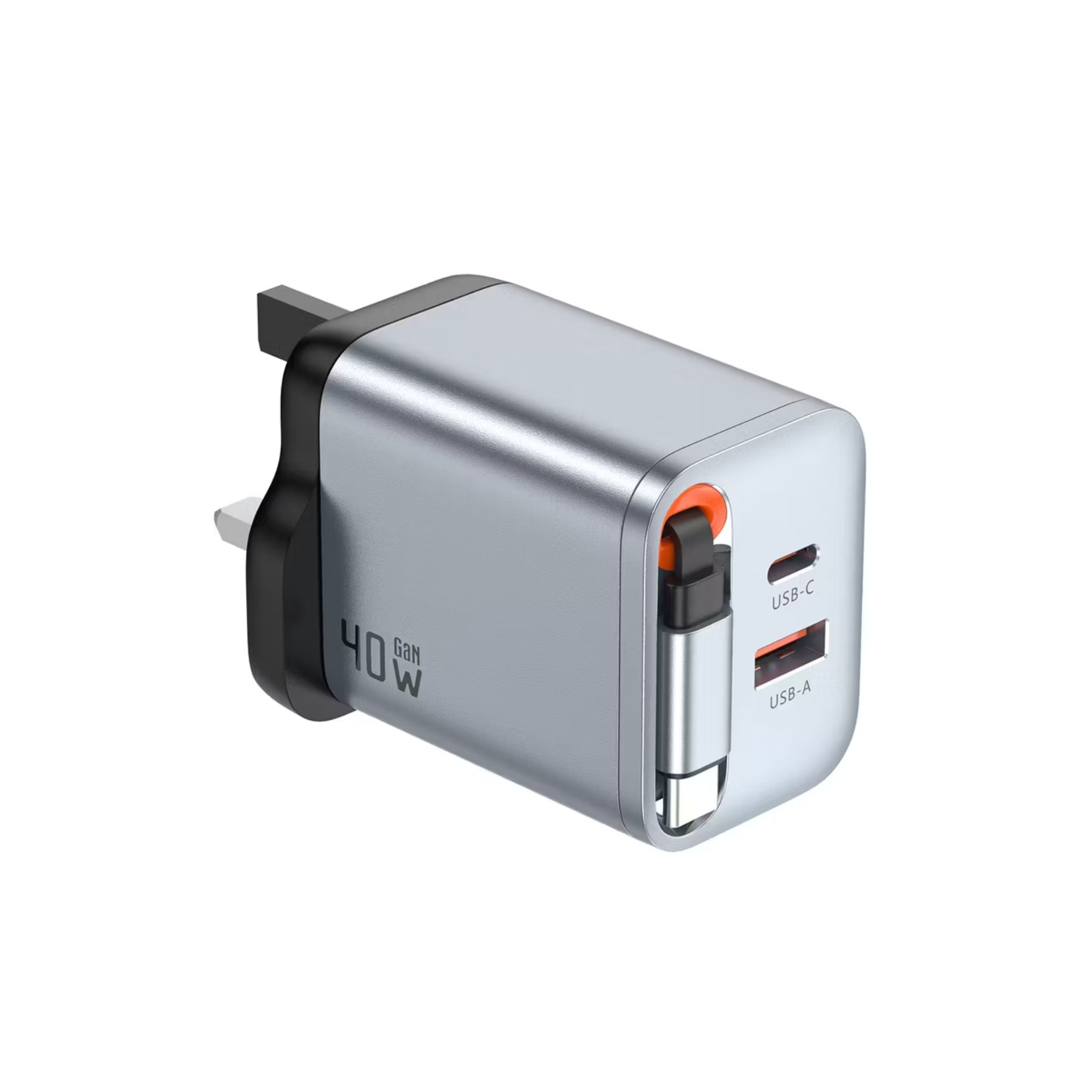 Green Lion GaN UK Plug Wall Charger with 40W Power Delivery, Retractable Type-C Cable, 0%-50% Charge in 30 Minutes, PC Flame Retardant Material, USB-C & USB-A Ports - Gray