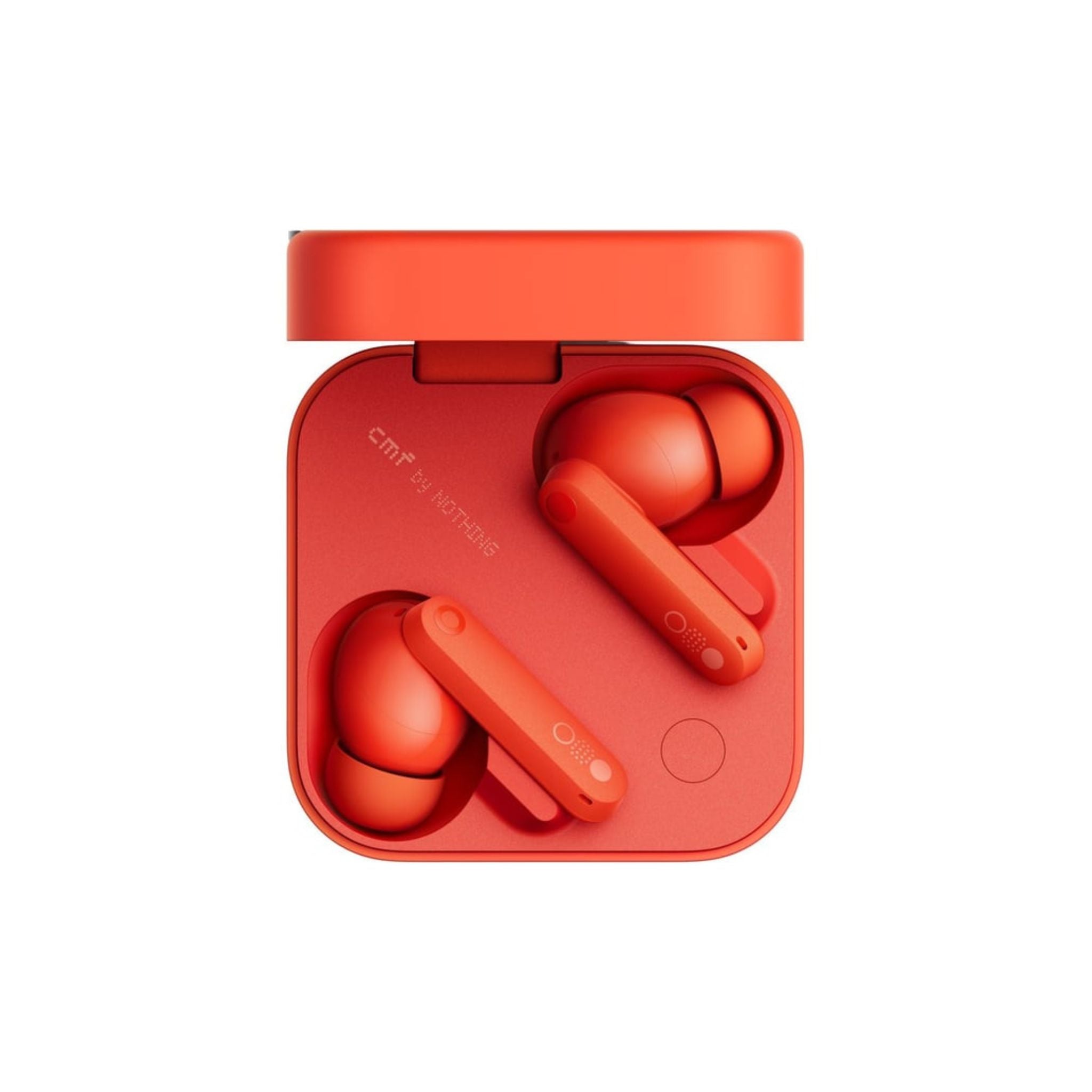 Red wireless earbuds in a matching case on a white background
