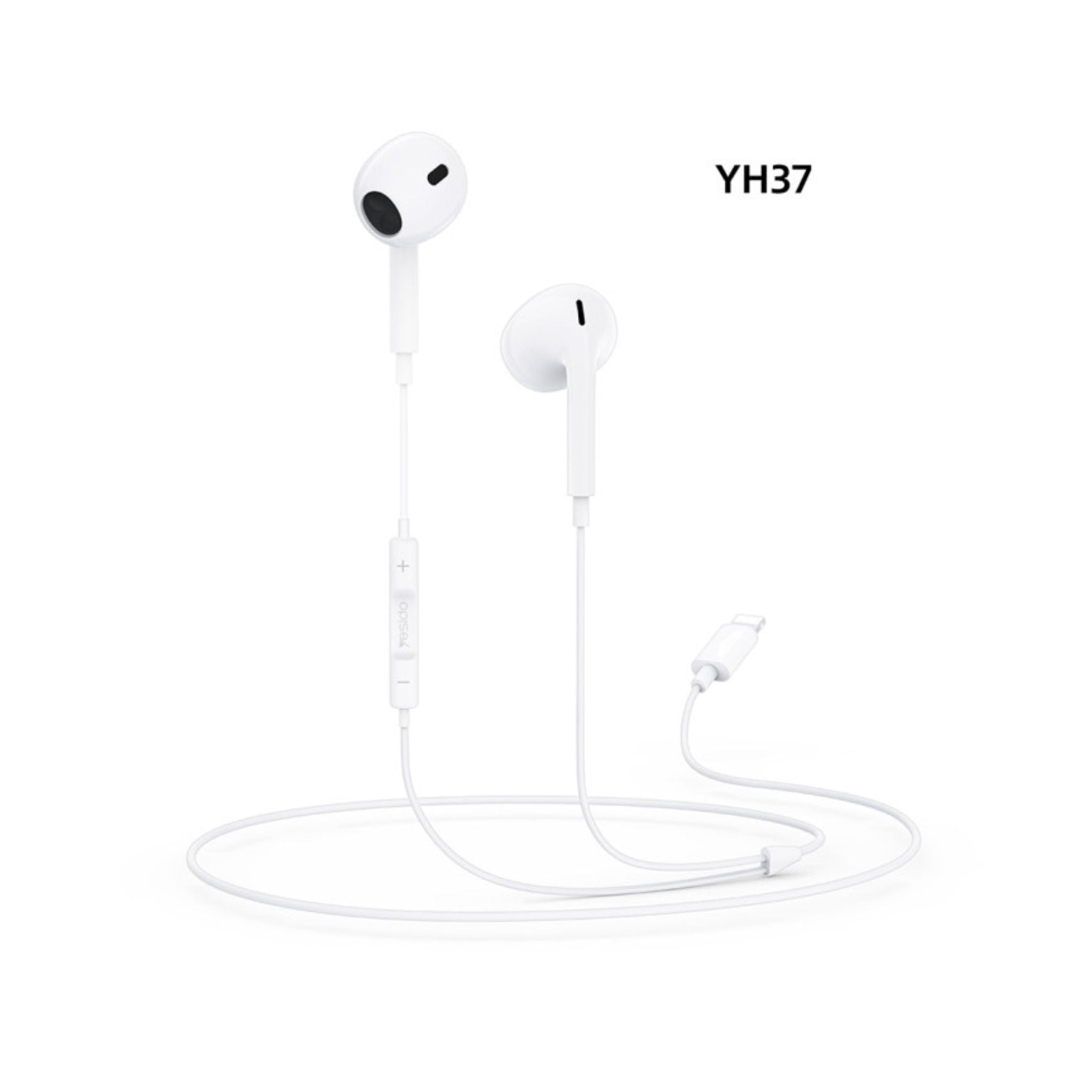 White earphones with a cable on a white background, labeled YH37.