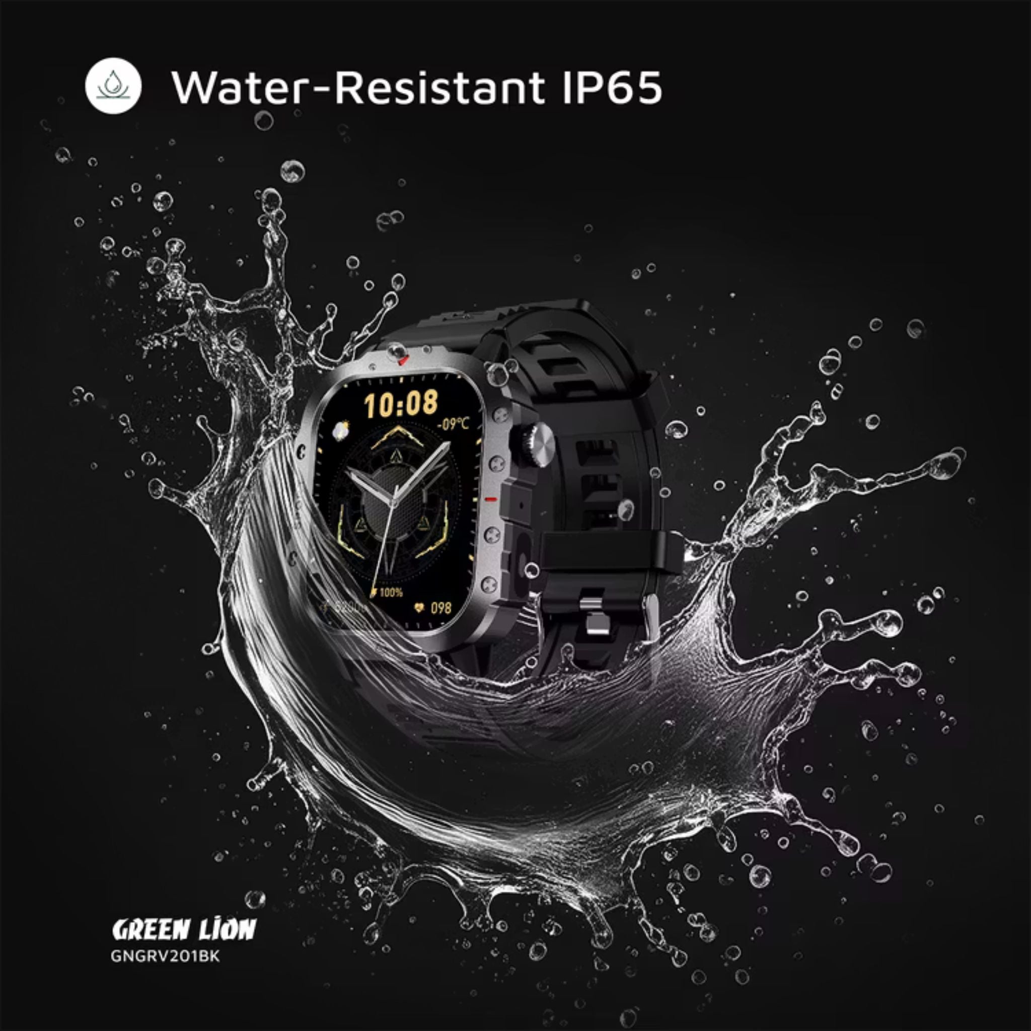 Green Lion Gravix Smart Watch with Multiple Sport Modes, 200mAh Battery Capacity, Remote Capture, IP65 Water Resistance Level, Bluetooth Version 5.3, Heart Rate Monitor - Black