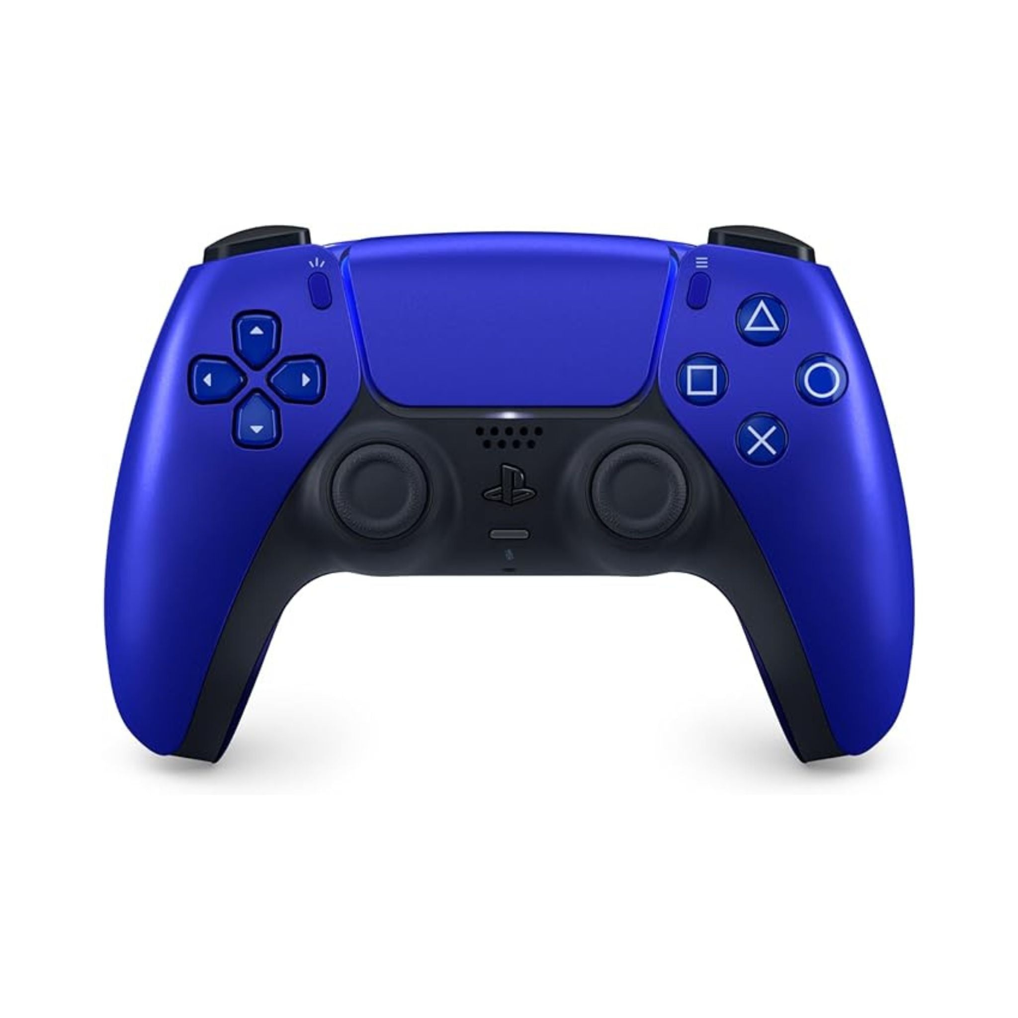 A cobalt blue PlayStation 5 DualSense wireless controller with a visible PlayStation logo on the top.