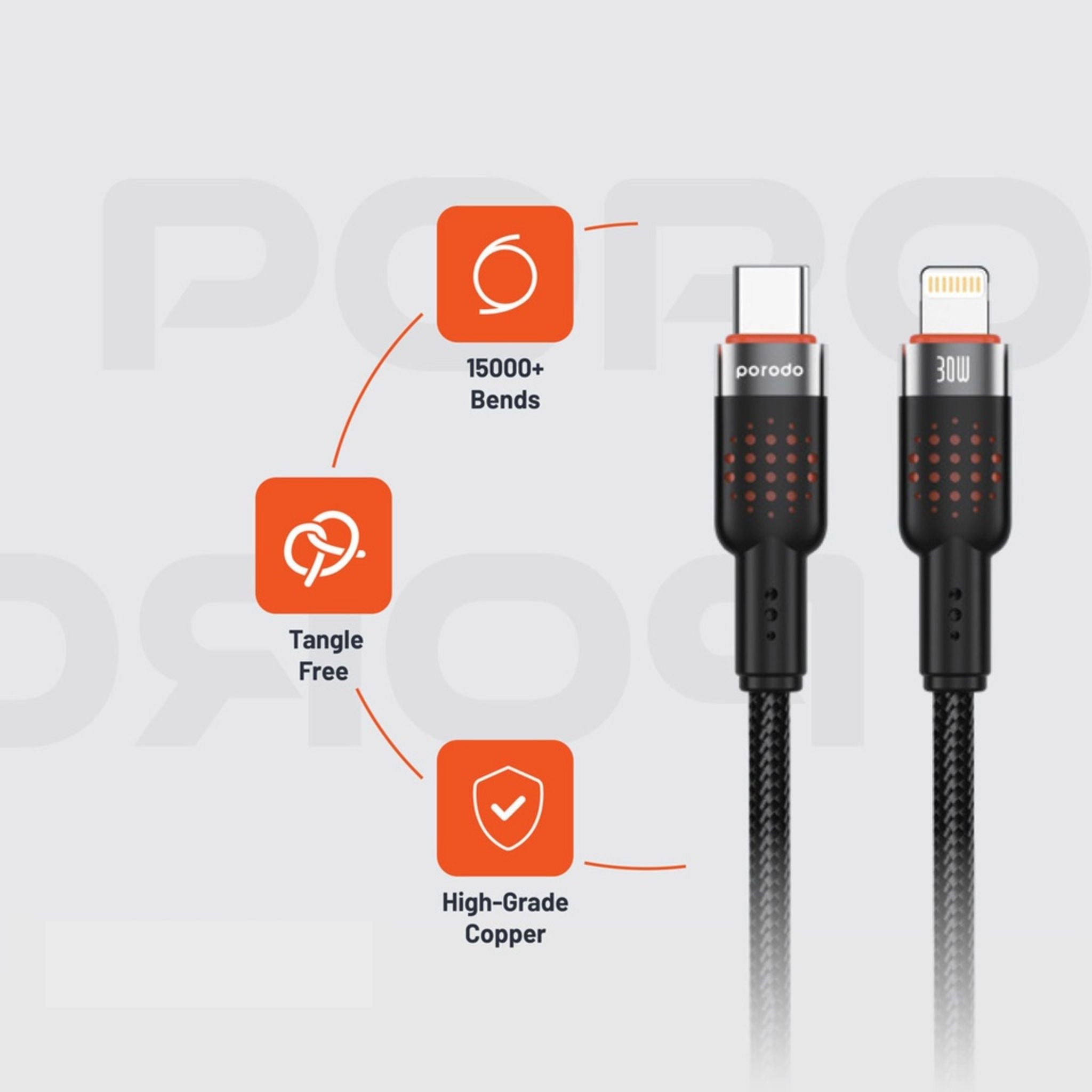 Porodo Braided Type-C to Lightning Cable with 30W Power Delivery, 1.2m Cable Length, 480Mbps Transfer Speed, More than 15,000 Bends Lifespan, Tangle-Free Design - Black