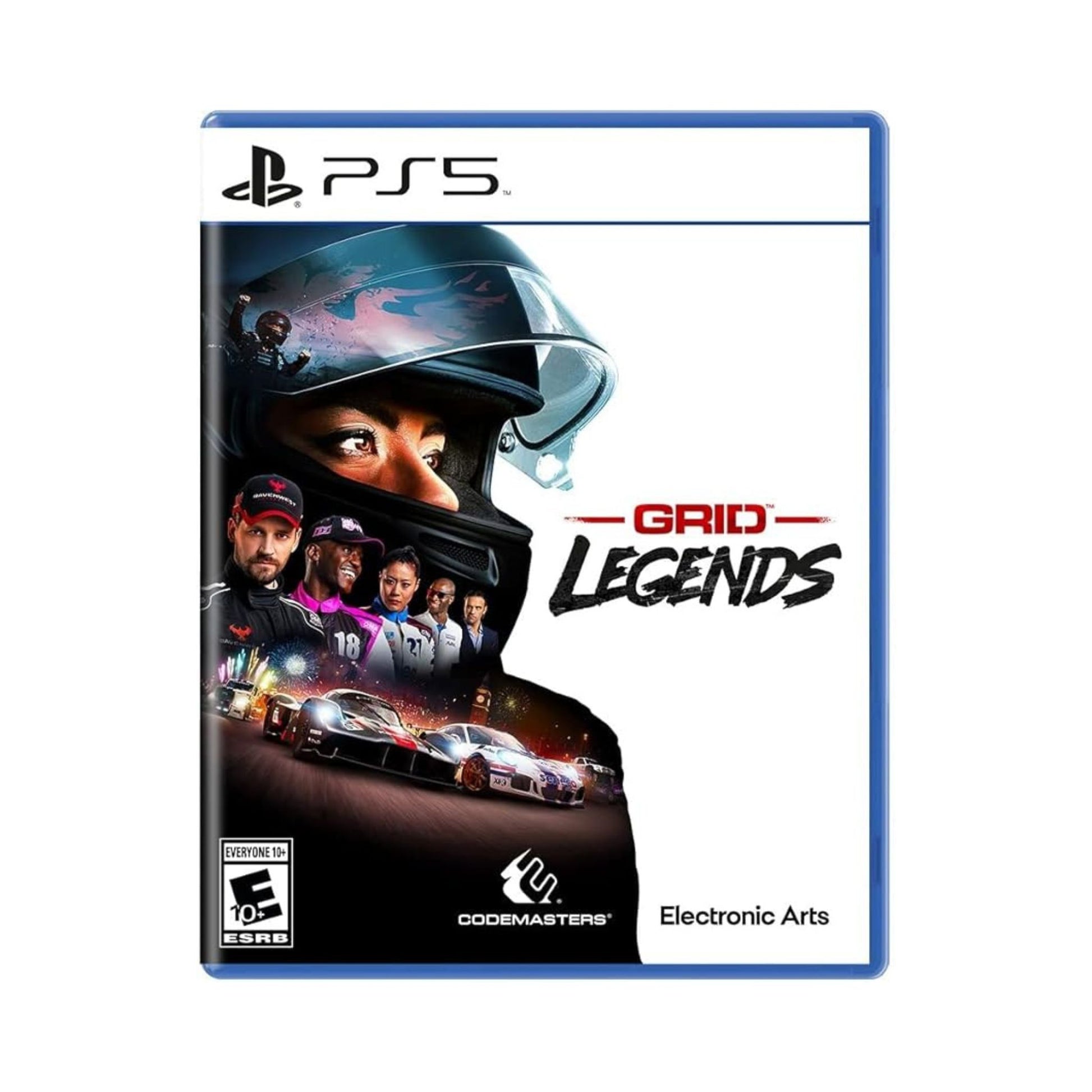 PS5 game case for 'GRID Legends' with a racing helmet and car design on a white background