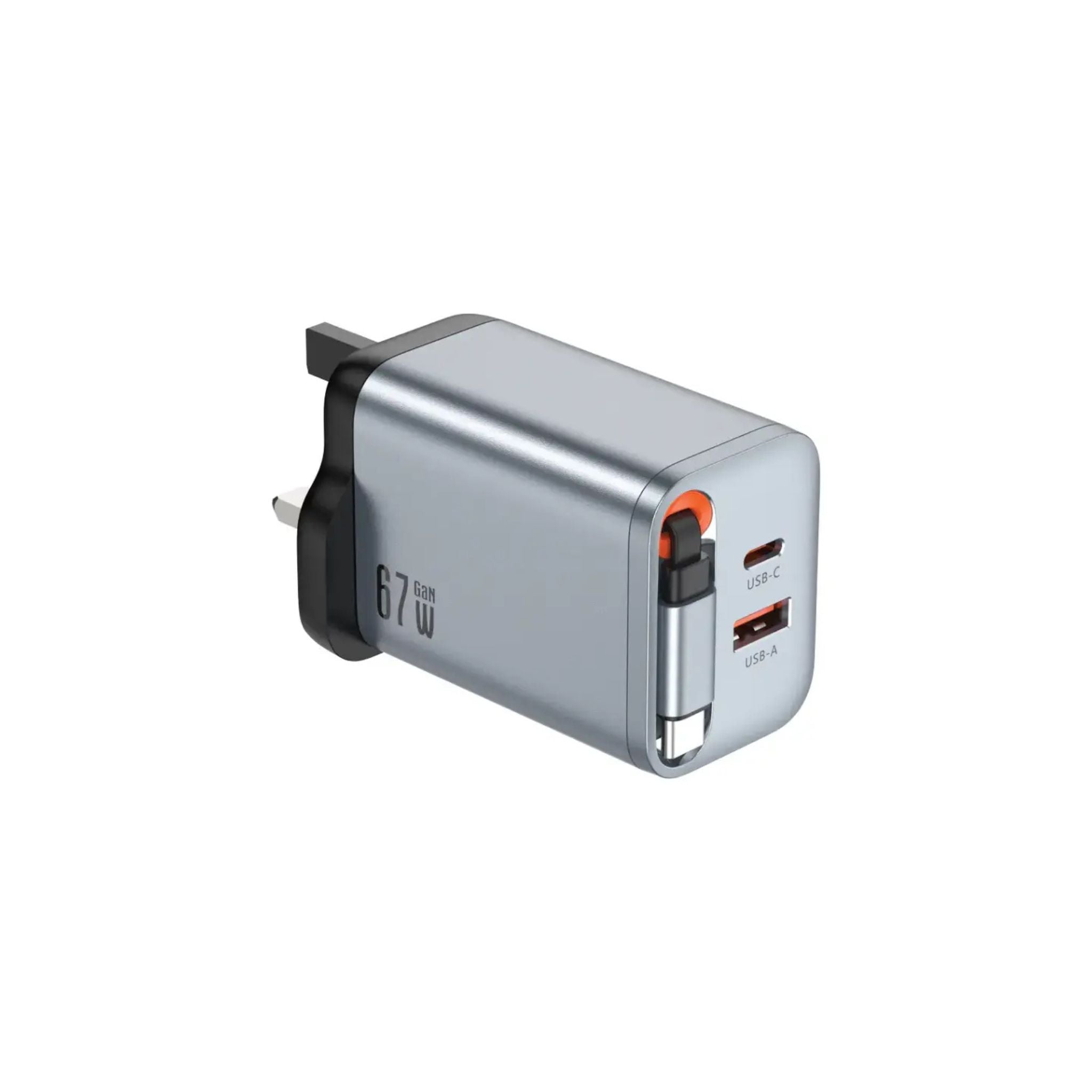 Silver USB-C wall adapter with two ports on a white background