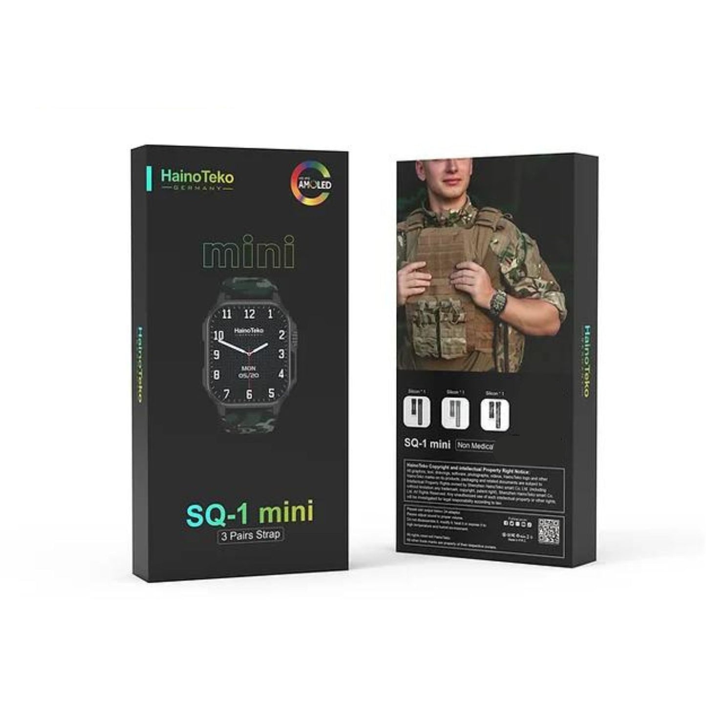 Haino Teko Germany SQ-1 Mini Smart Watch With Full Screen AMOLED Display 3 Pair Straps and Wireless Charger For Mens and Boys_Black