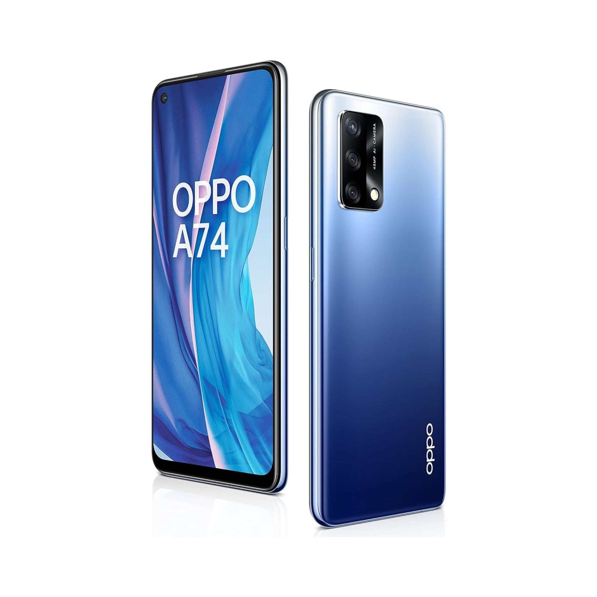 OPPO A74 smartphone in Midnight Blue color, featuring a 6.43-inch display and a triple-camera system on the back.