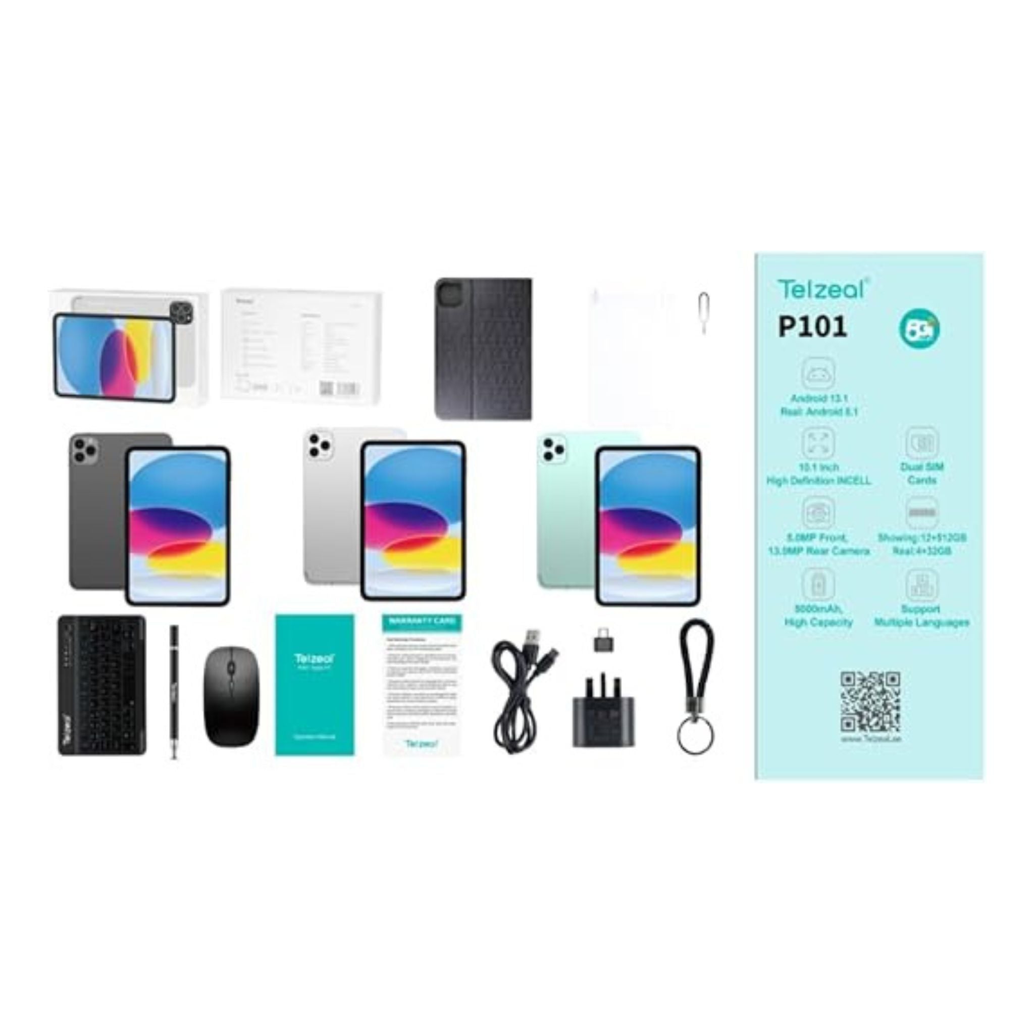 Telzeal P101 ,10.1 Inch Android 13 Tablet with 5G WiFi and Dual SIM 8GB RAM 512GB ROM 8000 mAh High Capacity Battery Wireless Keyboard and Mouse Green
