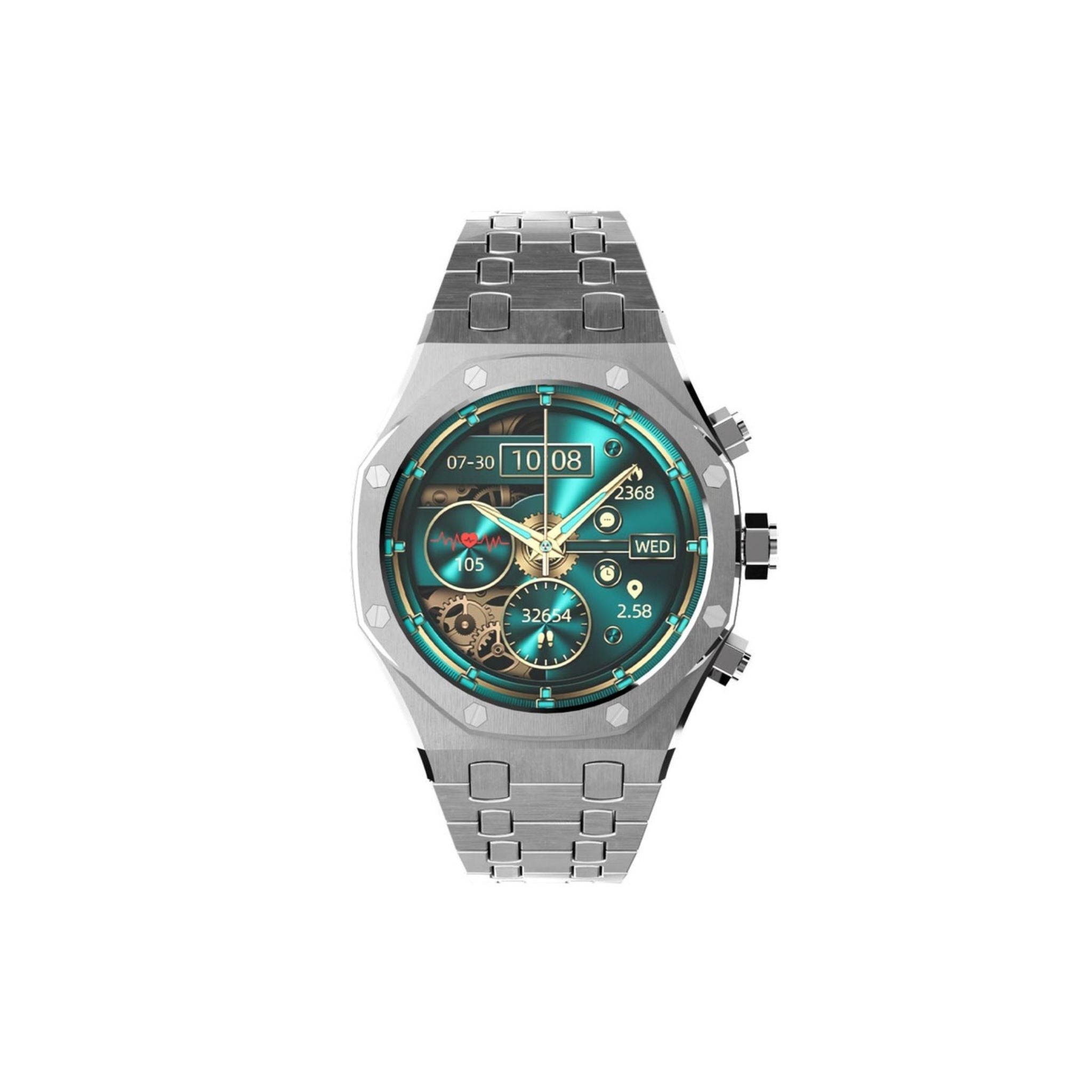 A silver Porodo Cristallo AP smart watch with a stainless steel band and a round AMOLED display.