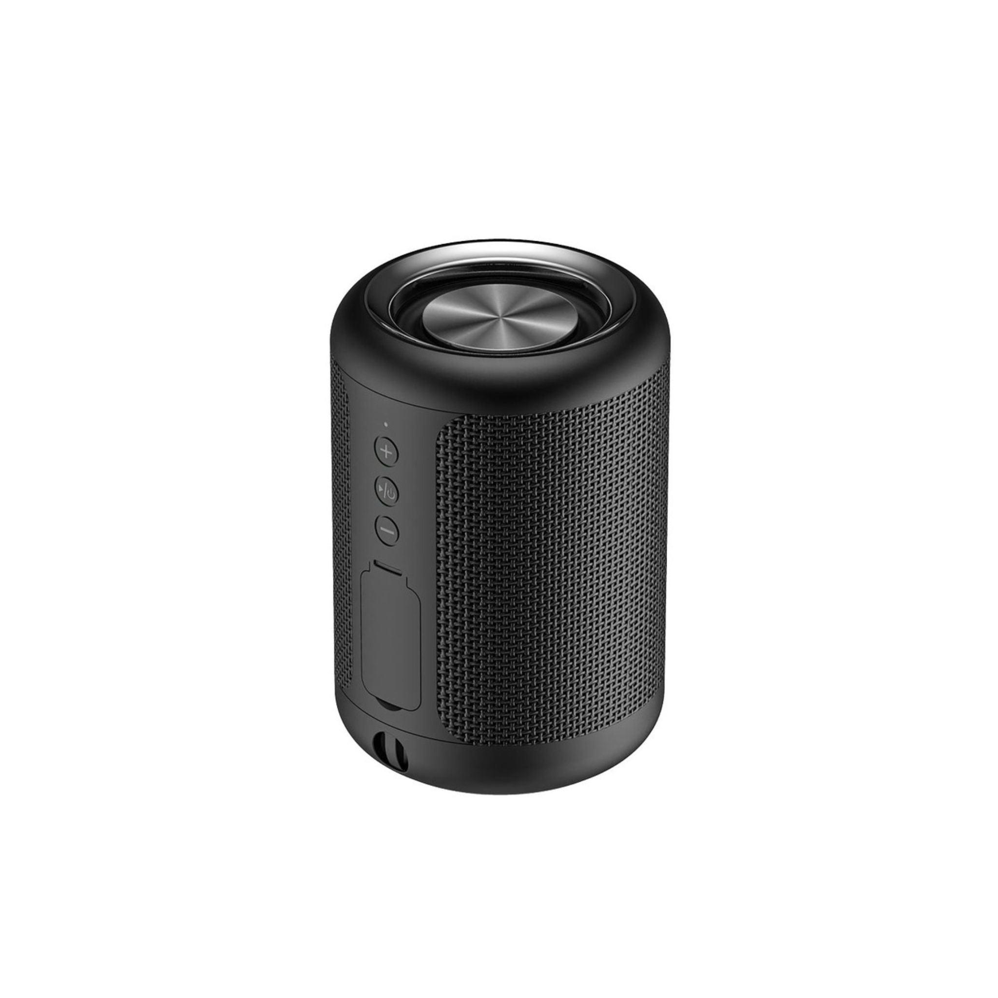 A black Porodo Soundtec Waterproof Portable Bluetooth Speaker with a textured exterior and control buttons on the front.
