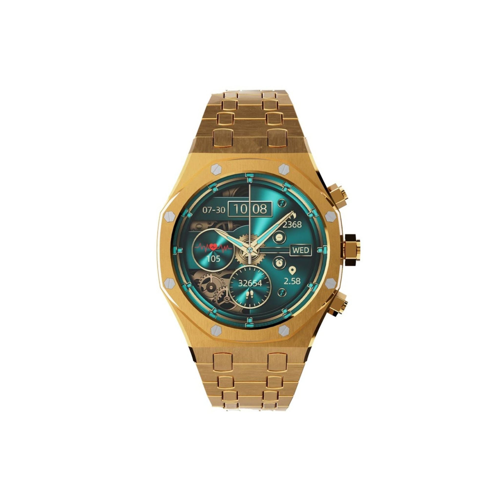 A gold-colored Porodo CristalloAP smart watch with a blue dial and a gold bracelet.