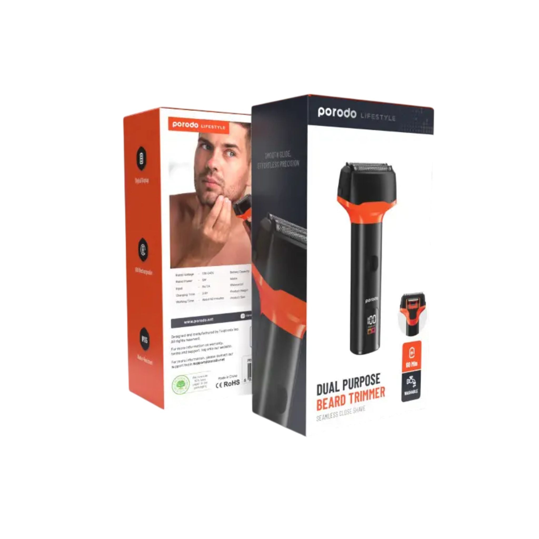 Porodo LifeStyle Dual Purpose Beard Trimmer offers a seamless close shave with USB-C charging, 1.5h charge time, 60min use, 400mL capacity, IPX5 water resistance, 1100mAh battery, washable design, and digital display-Black
