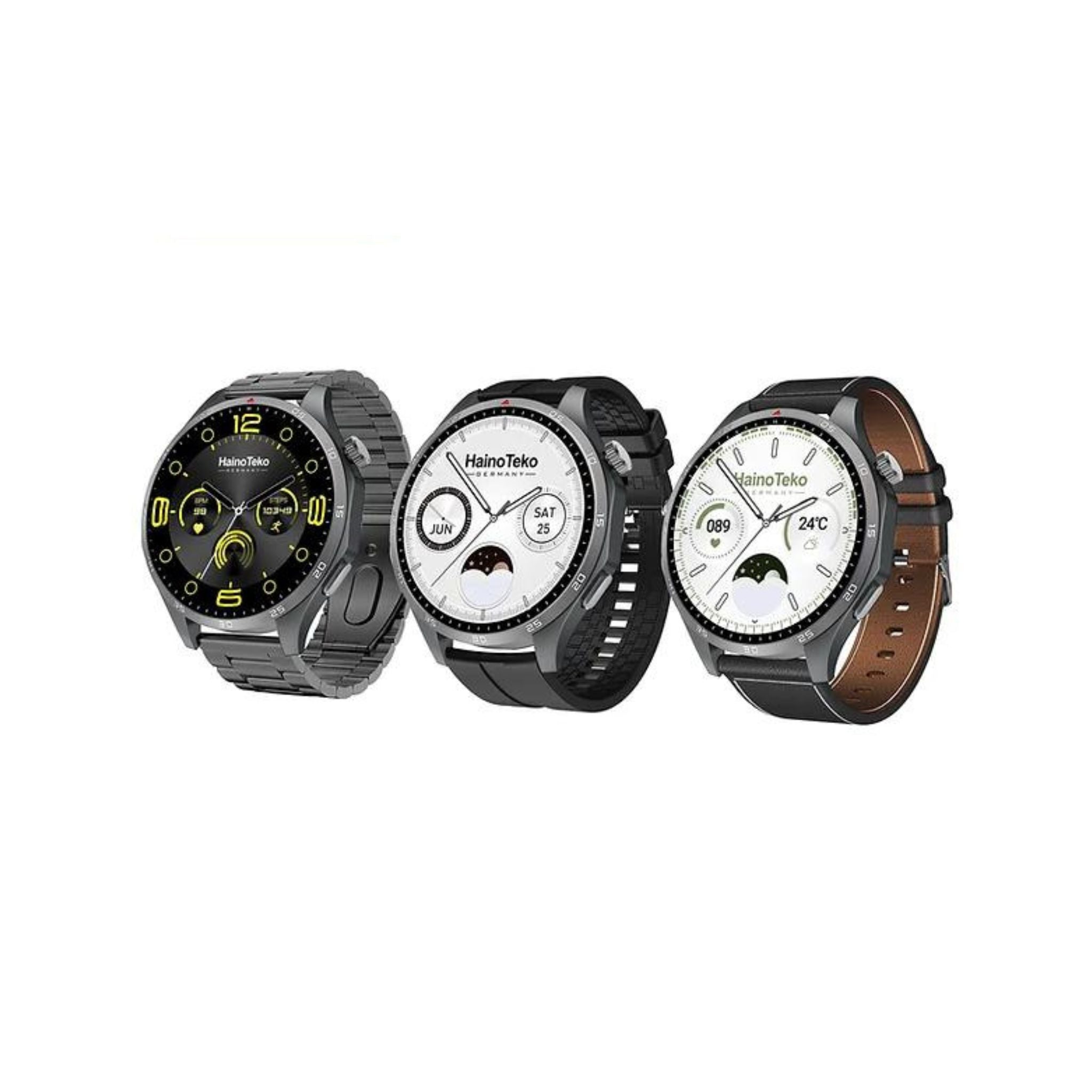 Three Haino Teko smartwatches with black silicone bands and silver stainless steel cases, displaying different time faces and one with a brown leather strap.