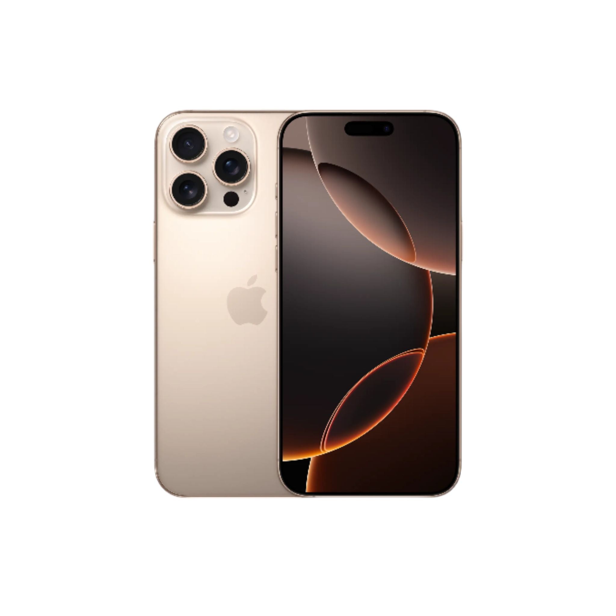 Gold Apple iPhone 16 Pro Max with a visible dual lens camera setup on the back and a black screen front view.