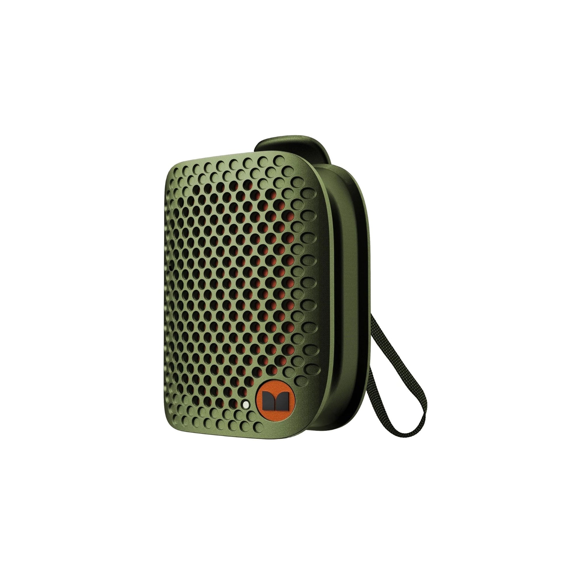 Green honeycomb-patterned case with a black strap on a white background