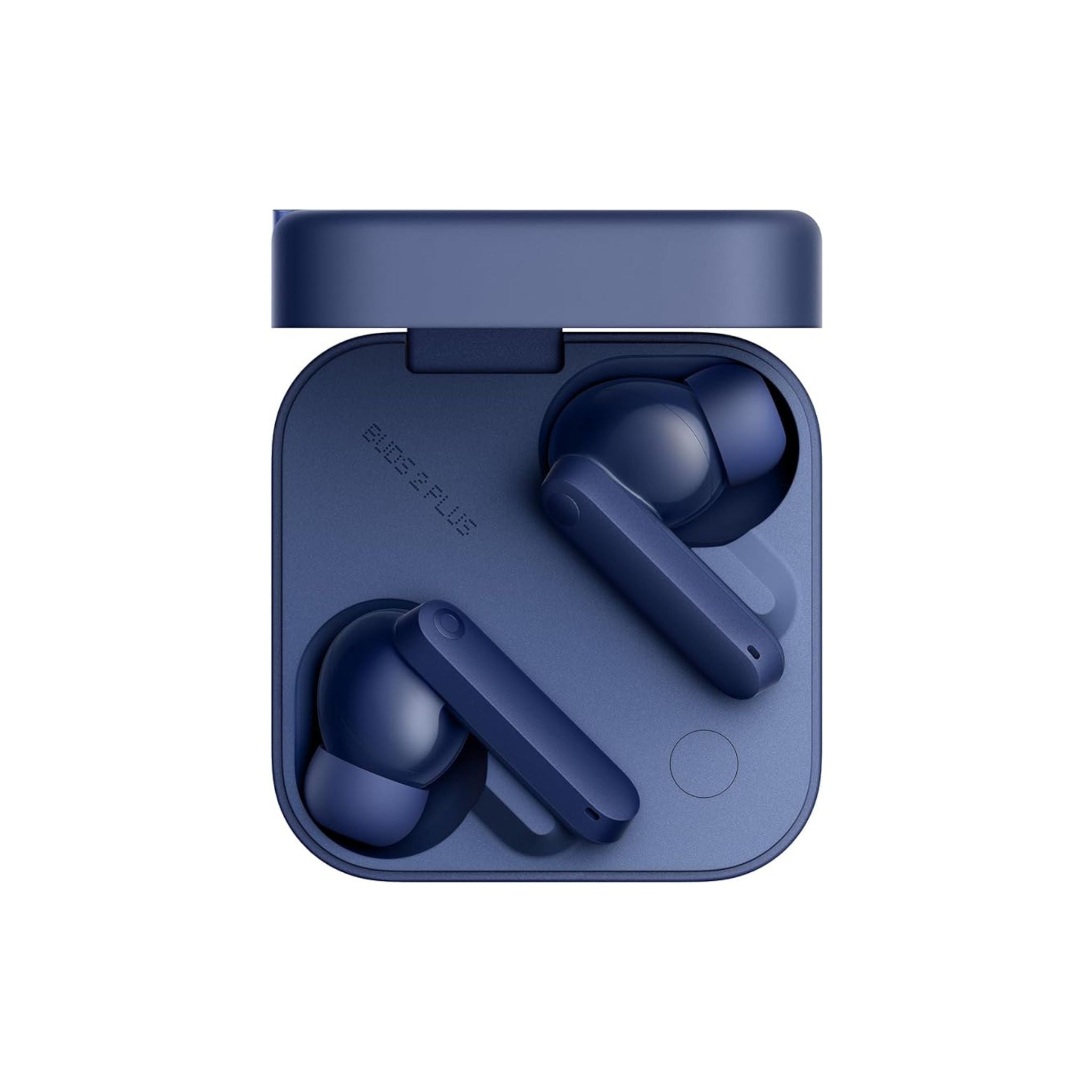 Blue wireless earbuds in a matching case on a white background