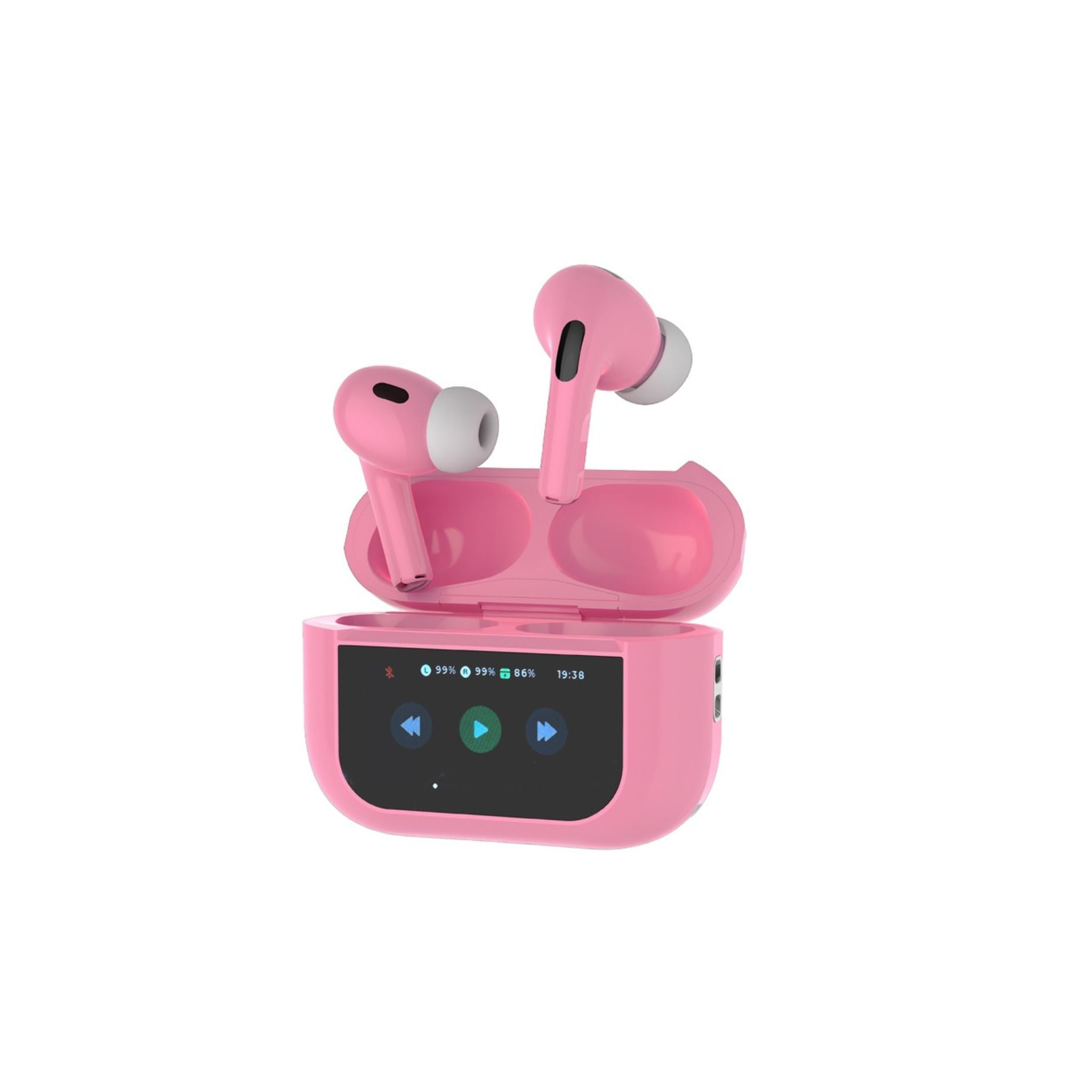 Porodo Blue Earbuds Pro2 with a touch display and pink color casing, featuring earbuds on the left side and a control panel on the right.