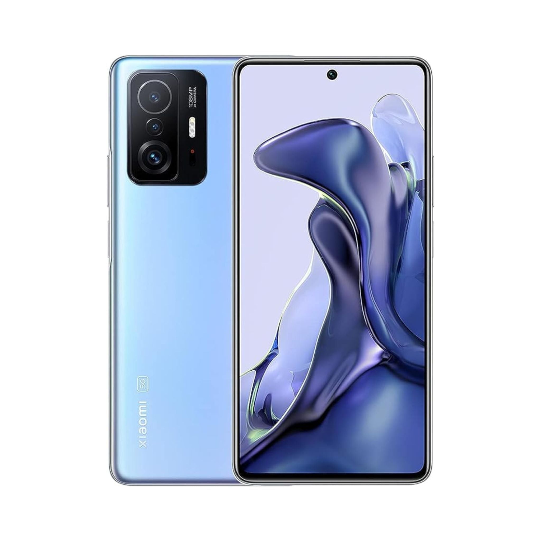 Xiaomi 11T smartphone in Celestial Blue color with Amoled Dot Display, shown from the front and back angles.