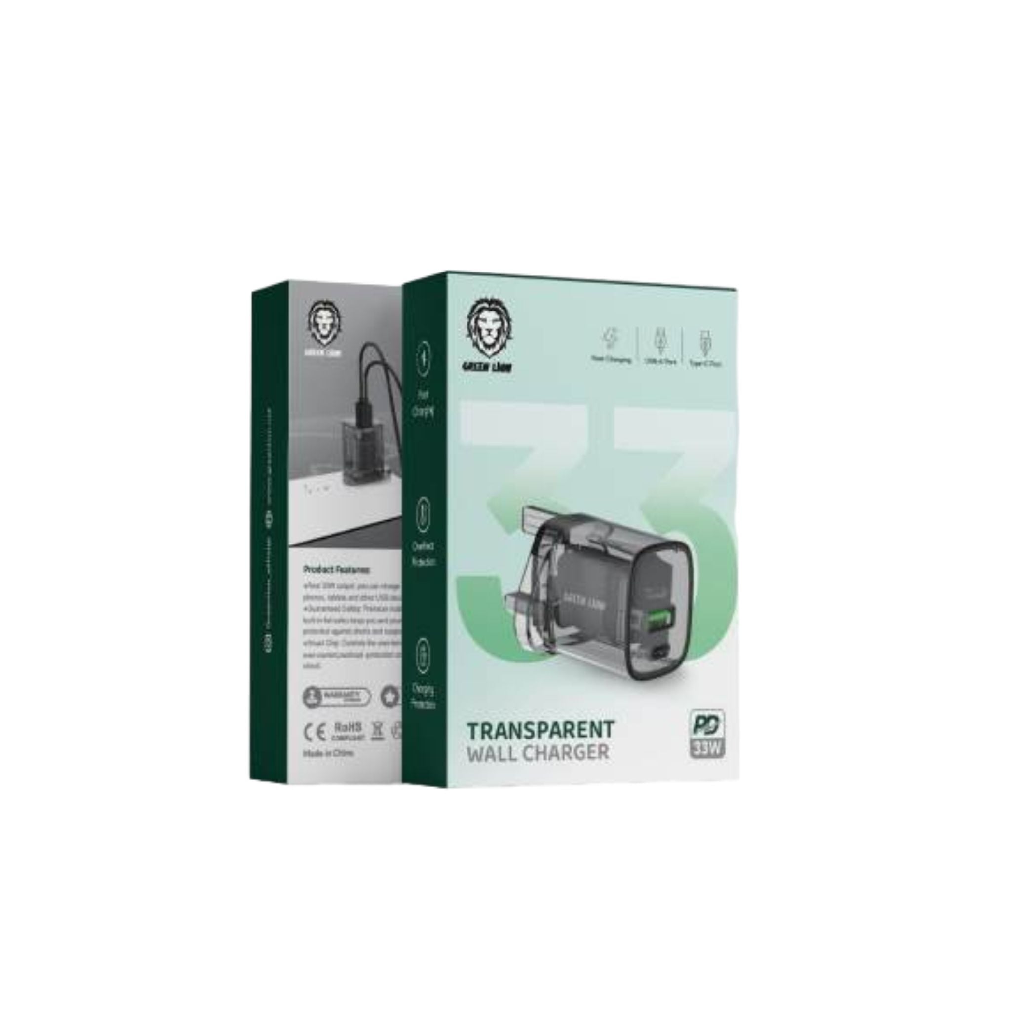 Green Lion Transparent Wall Charger, PD 33W, USB-A and USB-C Ports, Charging Protection, Overheat Protection, UK Plug - Black