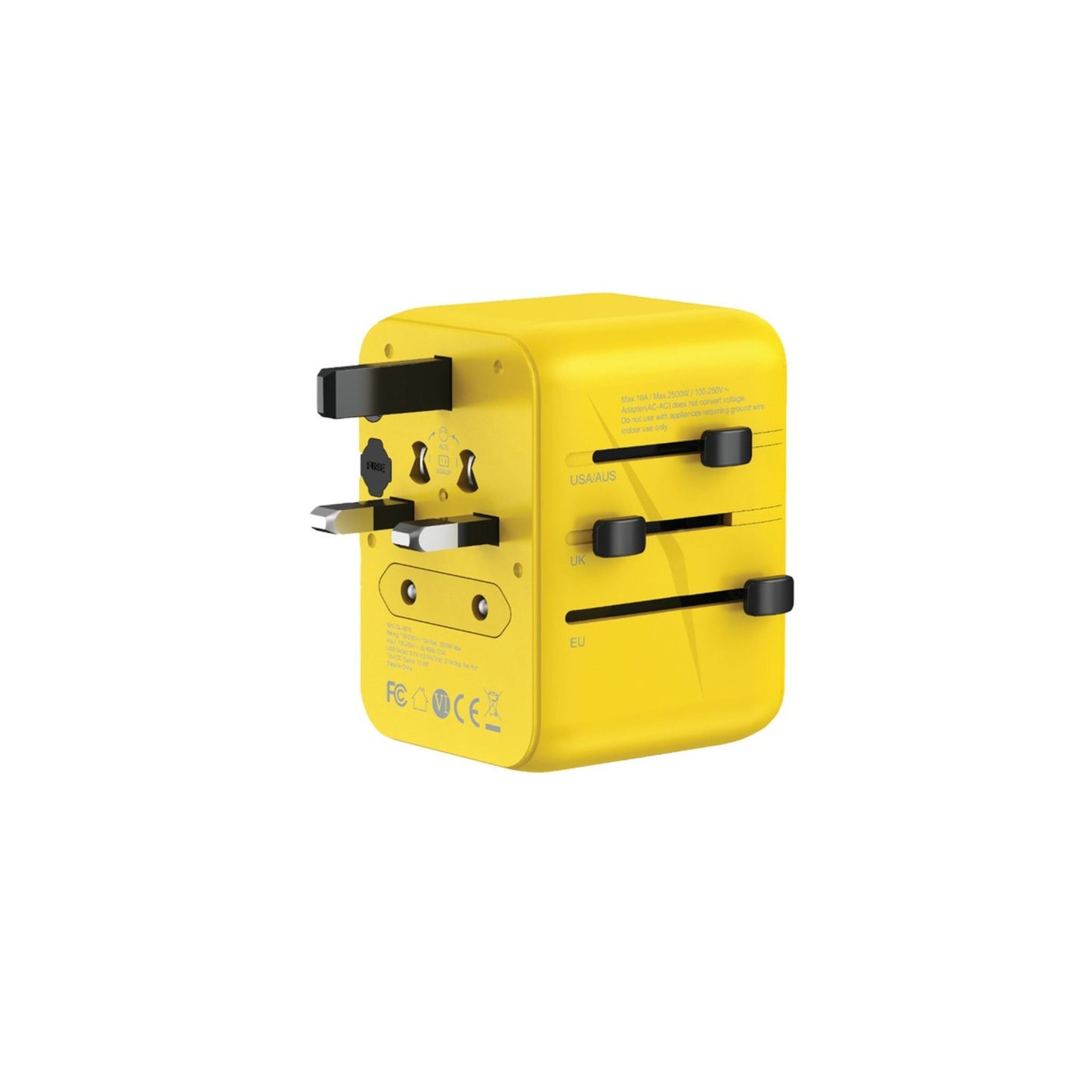Green Lion 12W Universal Travel Adapter / UK/AU/EU/US Pin / Multi Ports / Travel Friendly / Super Compact / Short Circuit Protection / Overheat Protection / Innovative Design / Lightweight - Yellow