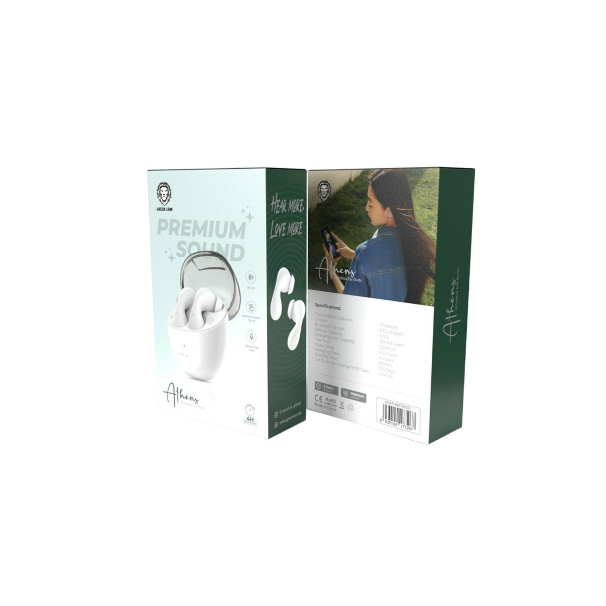 Green Lion Athens Wireless Earbuds, 4 Hours Playing Time, 70 Min Charging Time, Multi-Function Touch, FTD Chipset, 200 mAh Battery Capacity - White
