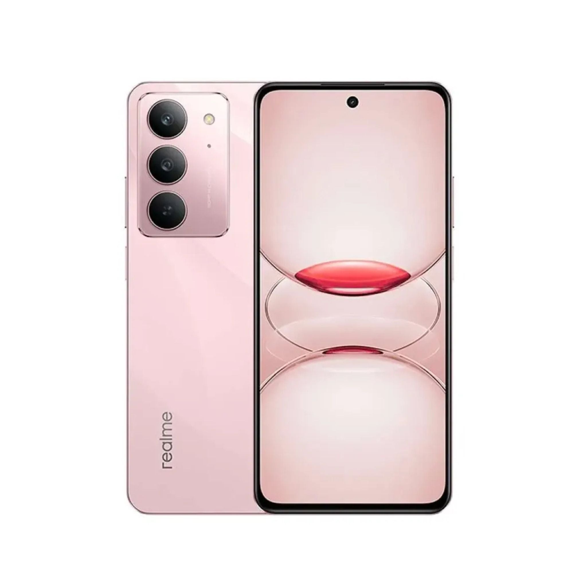 Pink smartphone showing front and back on a white background
