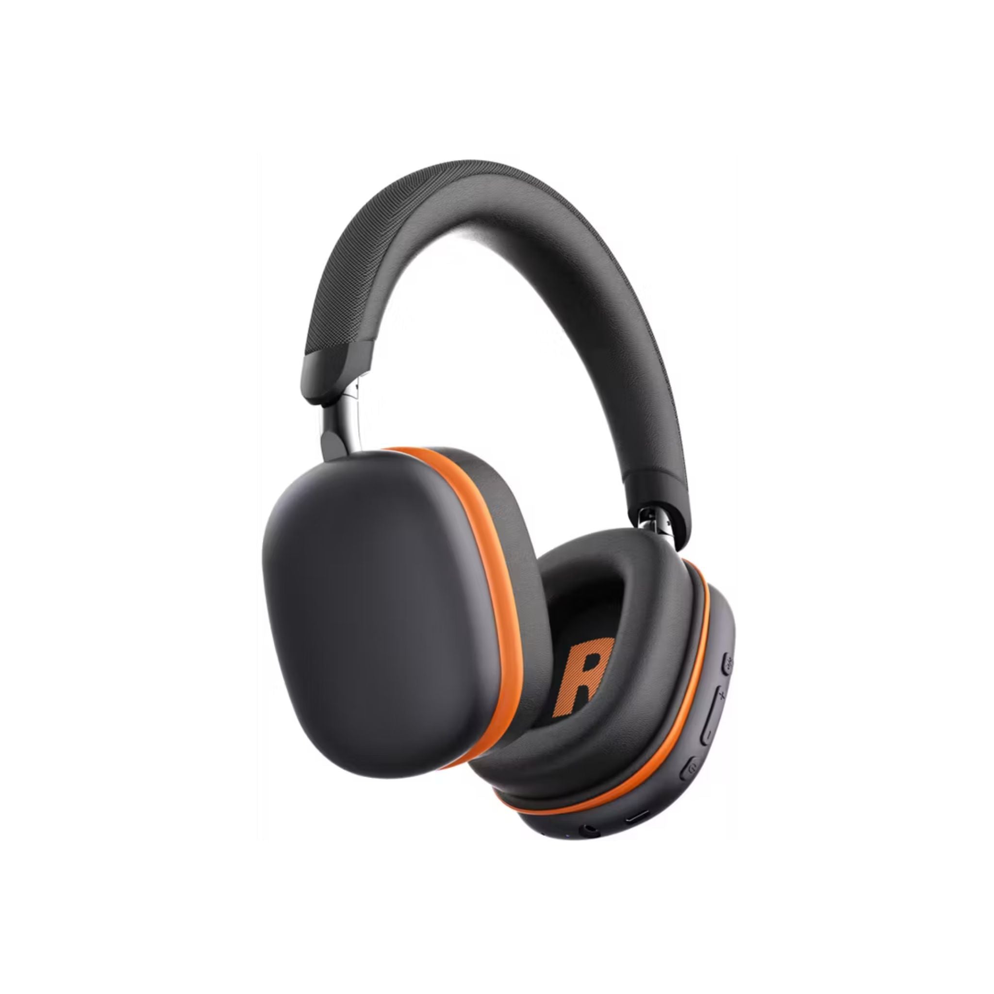 Black and orange headphones on a white background