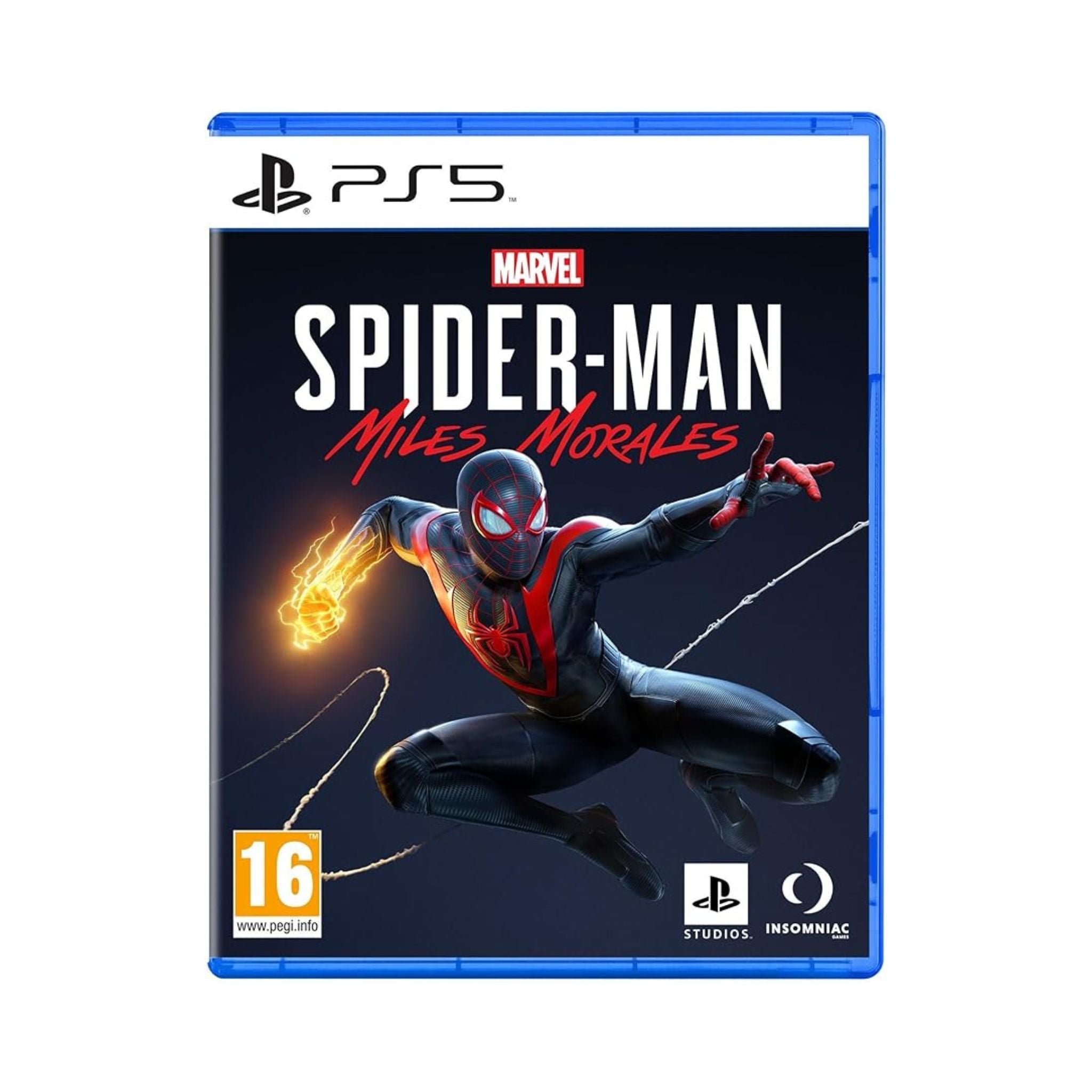 PlayStation 5 game case for 'Marvel's Spider-Man: Miles Morales' with Spider-Man character on a dark blue background.