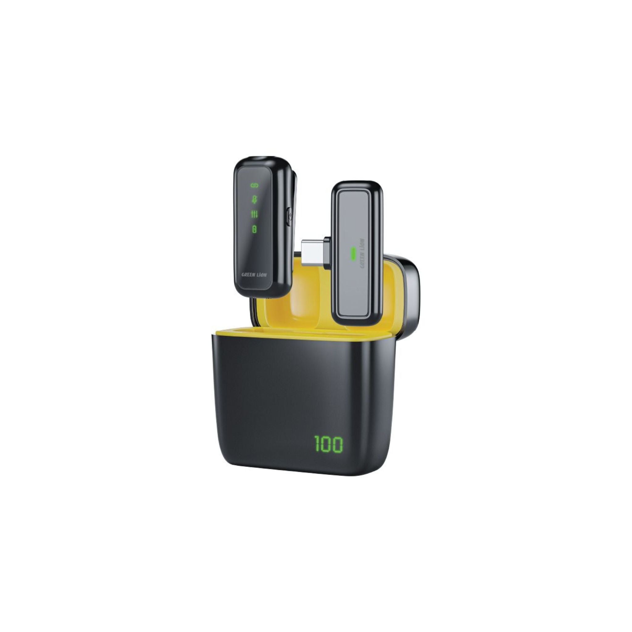 The image shows a Black Green Lion 65X Microphone for Type C with a digital display and a charging port.