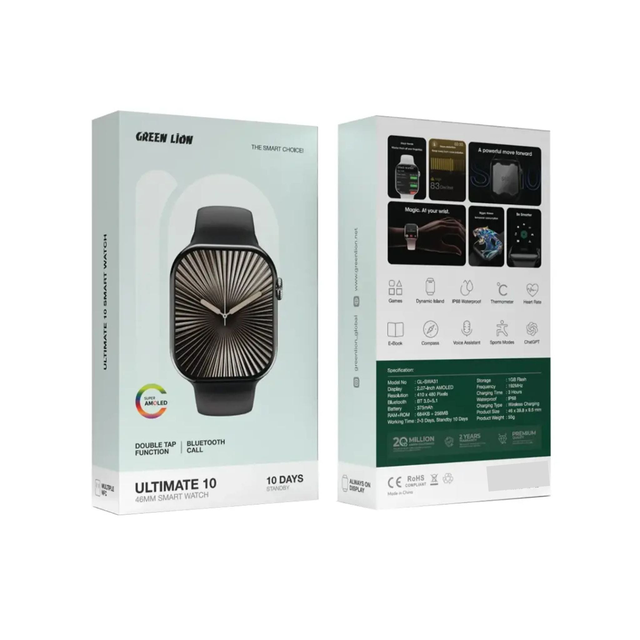 Green Lion Ultimate10 46mm Smart Watch with Voice Assistant, Bluetooth Calling, Double Tap Function, Heart Rate Monitoring, ChatGPT Support, 2-3 Days Working Time & 10 Days Standby Time, 3 Hours Charging Time - Black
